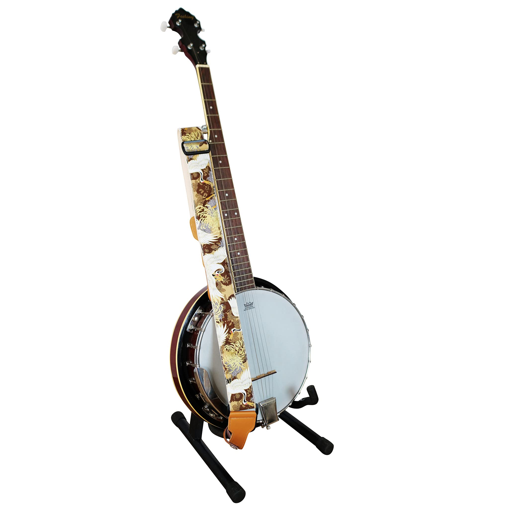 MUSIC FIRST, 2 inch width (5cm), Padded, Vintage Ukiyoe Style ''Chrysanthemum & Crane in Tan '' Soft Muslin & Genuine Leather De