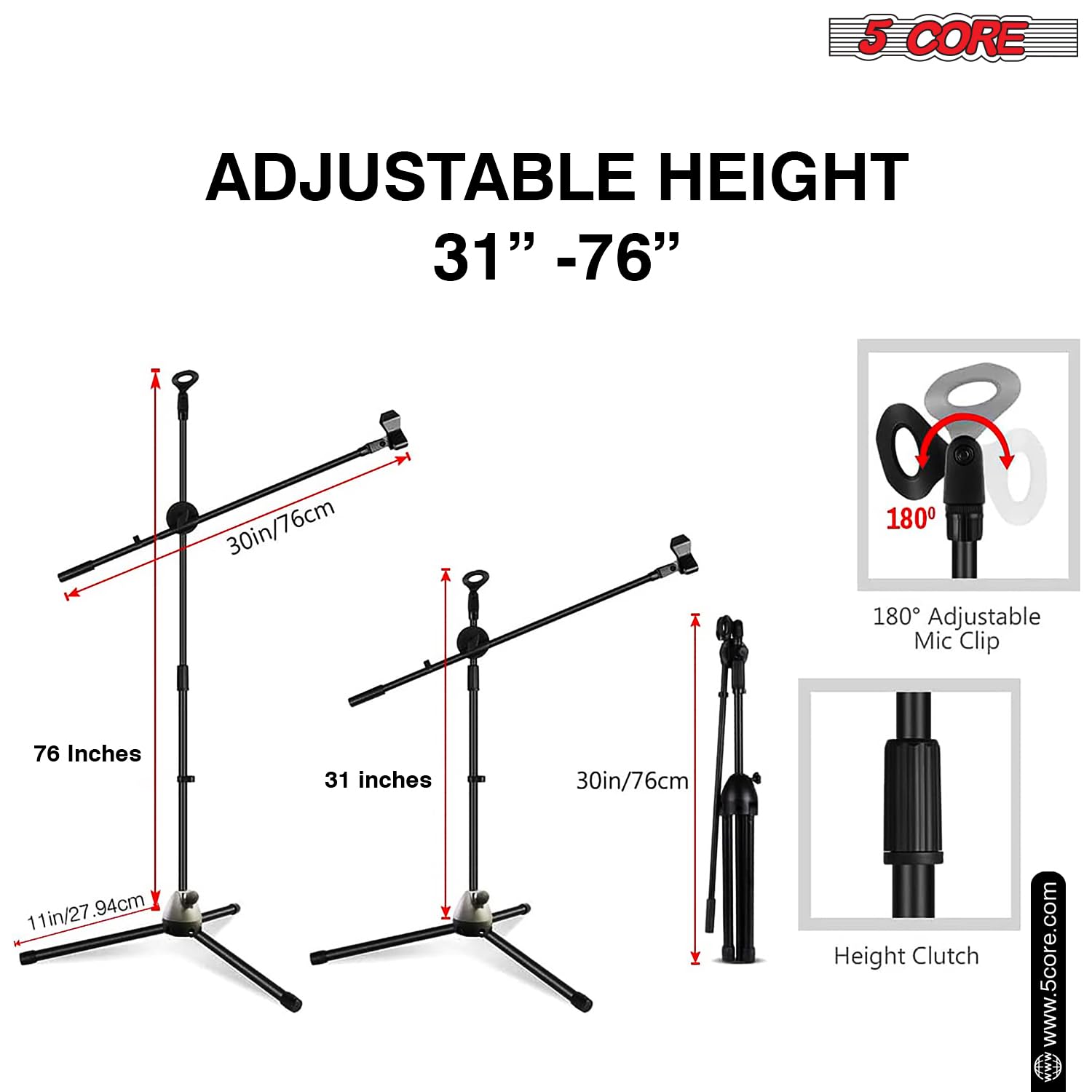 5 Core Tripod Mic Stand Floor Adjustable 31 to 76 Inches Boom Arm Holder Microphone Stands 360 Degree Rotating + Dual Mic MS DBL