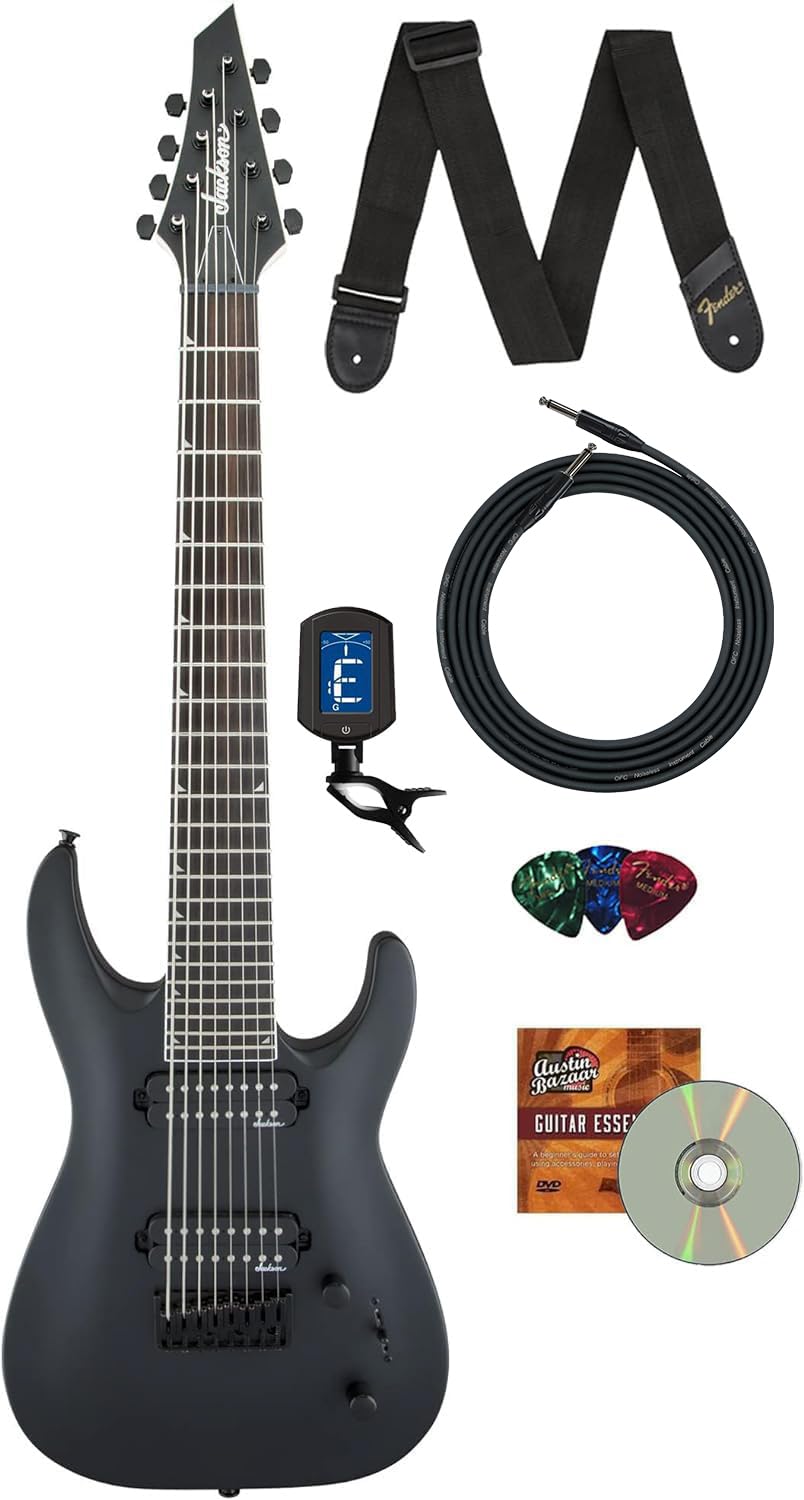 Jackson Dinky Arch Top Js32-8 Dka Ht Electric Guitar - Satin Black Bundle With Cable, Tuner, Strap, Picks, And Austin Bazaar Ins
