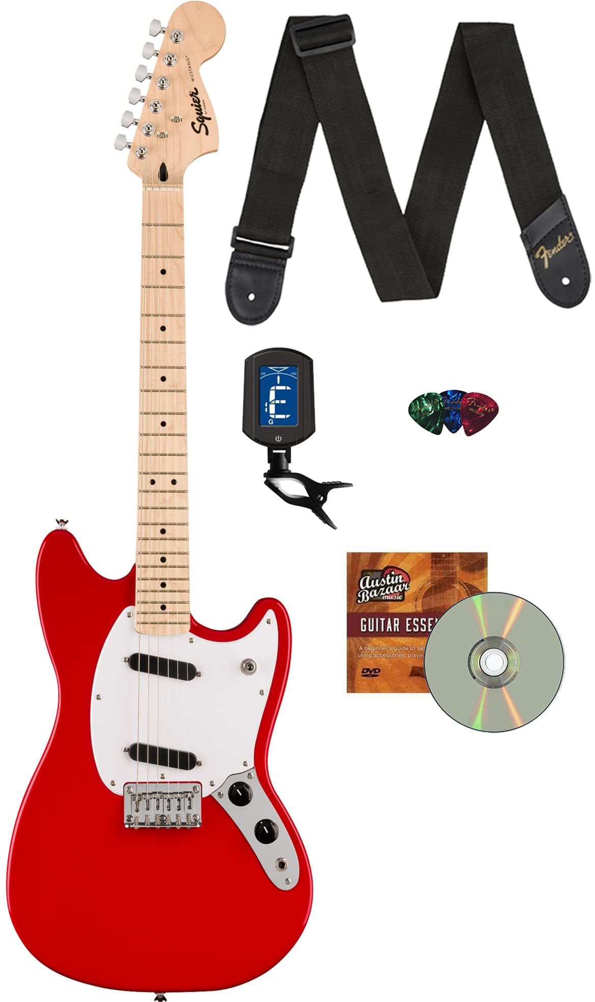 Fender Squier Sonic Mustang, Maple Fingerboard, Ss Electric Guitar Bundle With Fender Tuner, Guitar Strap, Picks, And Austin Baz