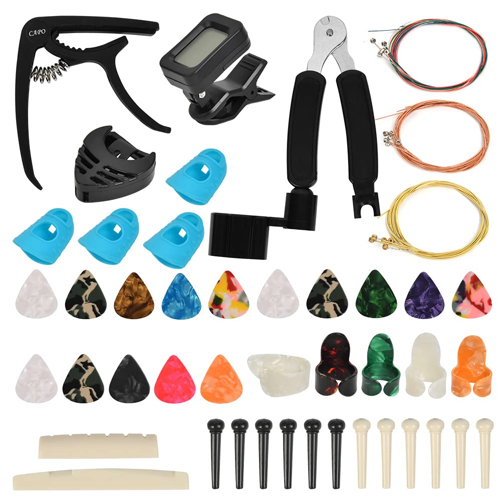 Timesetl Guitar Accessories Kit Guitar Tool Changing Kit Include Acoustic Guitar Strings, Tuner, Capo, String Winder, Picks, Pic