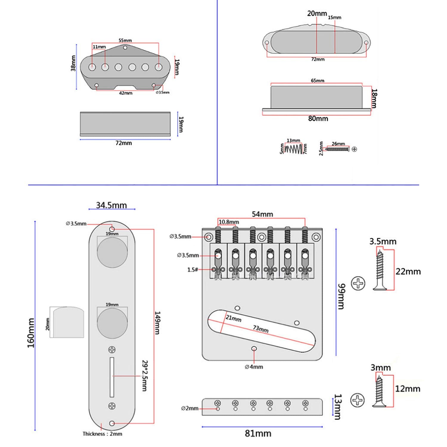 Swhmc 6 strings Saddle Bridge Plate Pickup Set 3 Way Switch Control Plate Vintage Tail Piece Neck Pickup Set for Electric Guitar