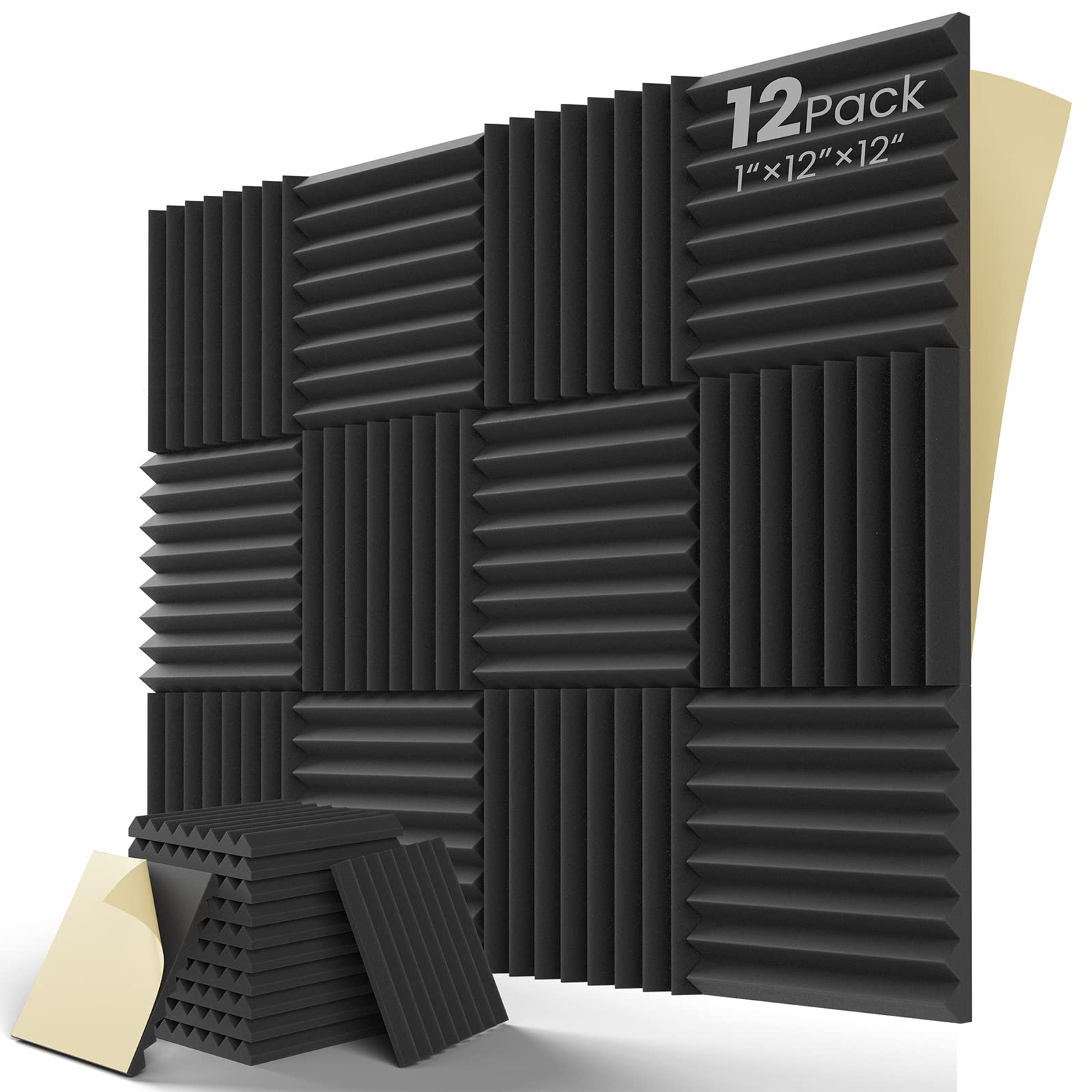 Leiyer Upgrade 12 Pack Sound Proof Foam Panels With Self-Adhesive, 1'' X 12'' X 12'' Acoustic Panels Quick-Recovery, Acoustic Fo