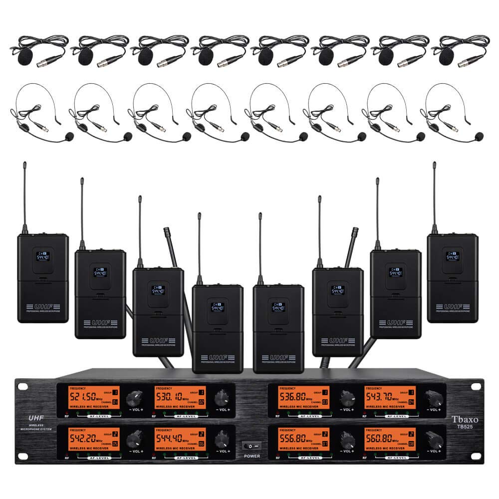 Wireless Microphone System Pro Audio 8 Channel UHF 8 Lavalier Bodypacks 8 Lapel Mic 8 Headsets for Karaoke System Meeting Church