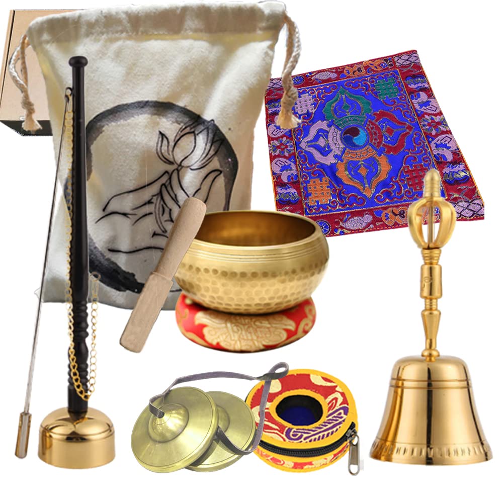 8 Pcs Tibetan Buddhist Meditation Bells Set,3.1inch Singing Bowl Set,2.5inch Tingsha Bells,7.5inch Brass Bell Dorje Vajra,Singin