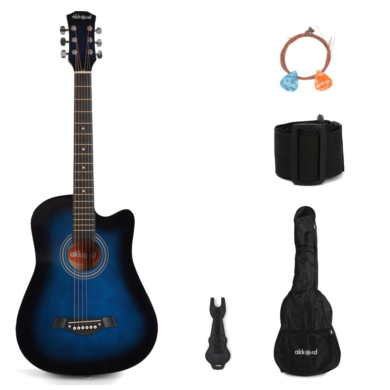 Akkord 38 Inch Acoustic Cutaway Guitar Kit,With Gigbag, Strings, Picks, Strap And Key, Glossy Blue