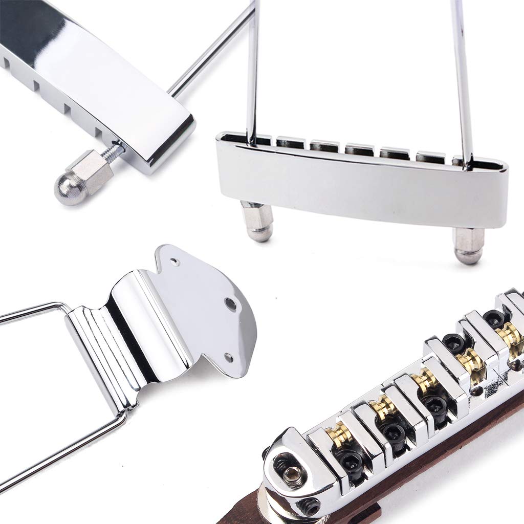 Ogdni 6 String Guitar Trapeze Tailpiece Bridge and Roller Tune-O-Matic Saddle Bridge for Jazz Archtop Guitar Replacement (Chrome