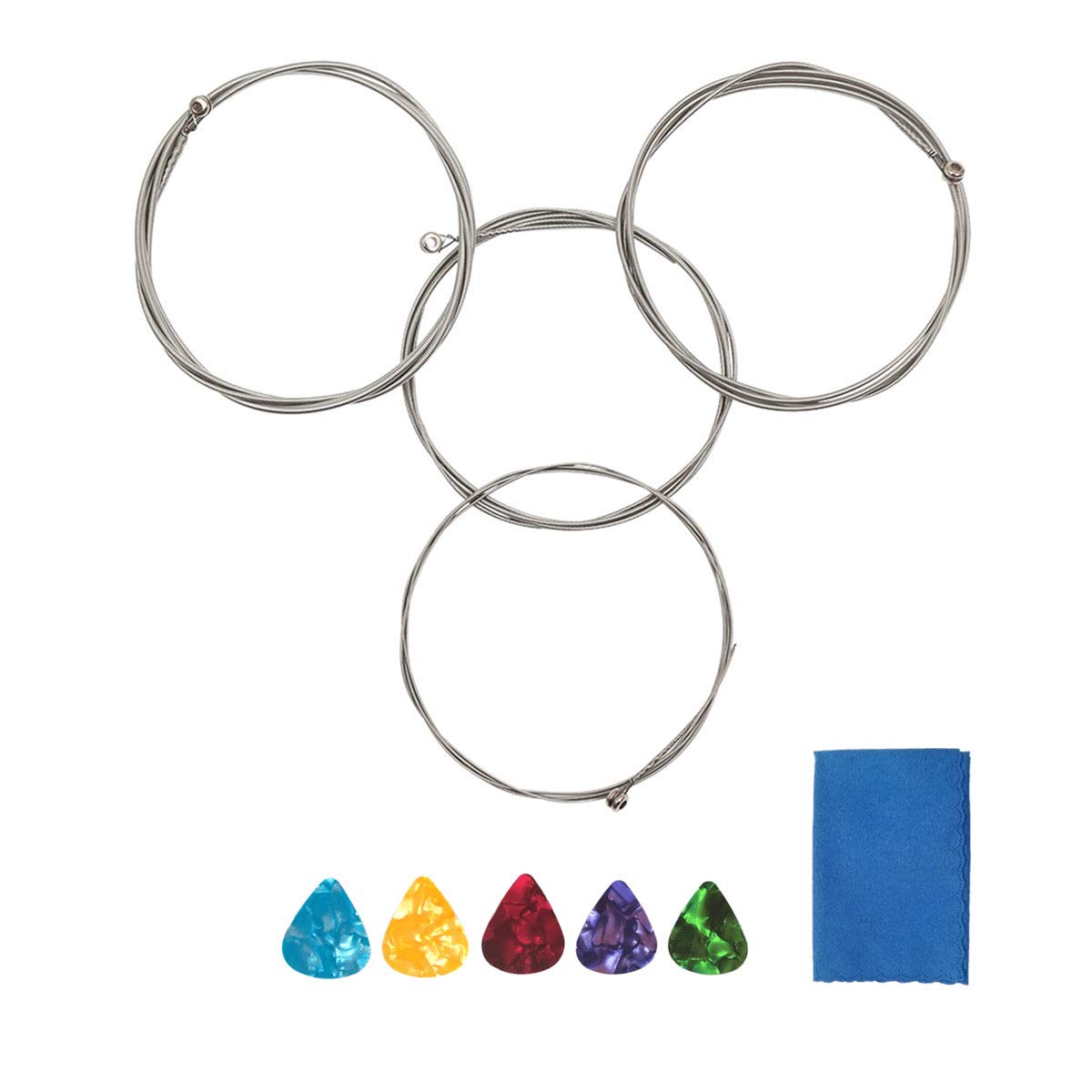 Jysun Electric Bass Strings 1 Full Set Steel Core Nickel Alloy Wound Nickel-Plated Ball-End With 1Pc Blue Cleaning Cloth And 5Pc