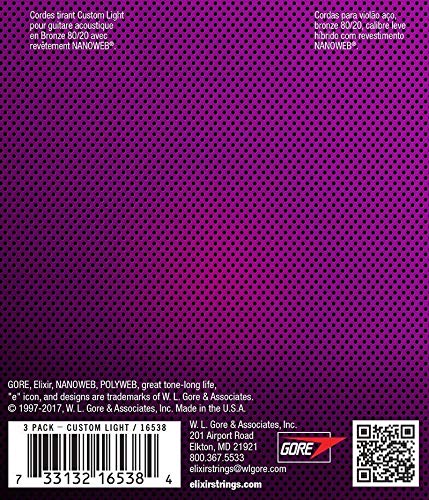 Elixir Strings 80/20 Bronze Acoustic Guitar Strings with NANOWEB Coating, 3-Pack, Custom Light .011-.052 (16538)