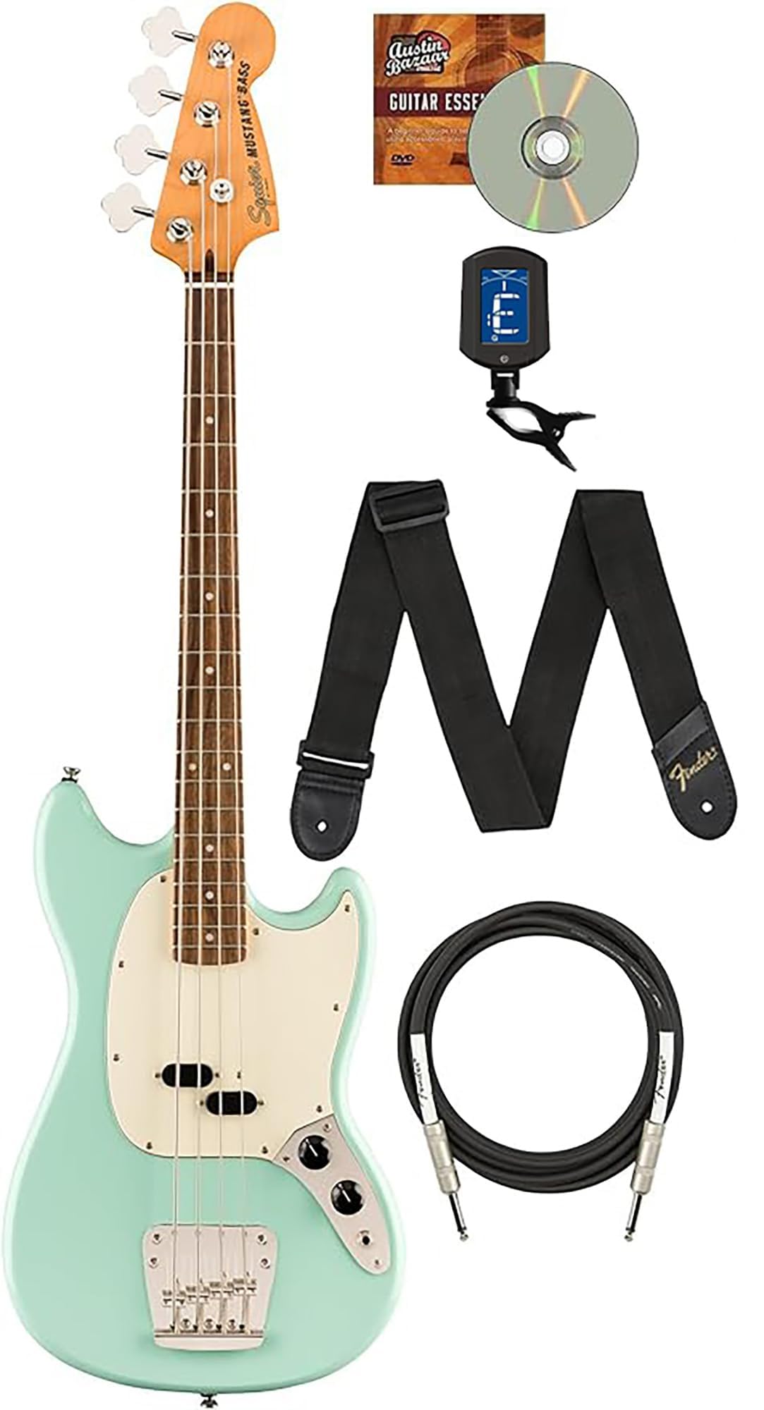 Fender Squier Classic Vibe '60S Mustang Bass - Surf Green Bundle With Instrument Cable, Tuner, Strap, And Austin Bazaar Instruct