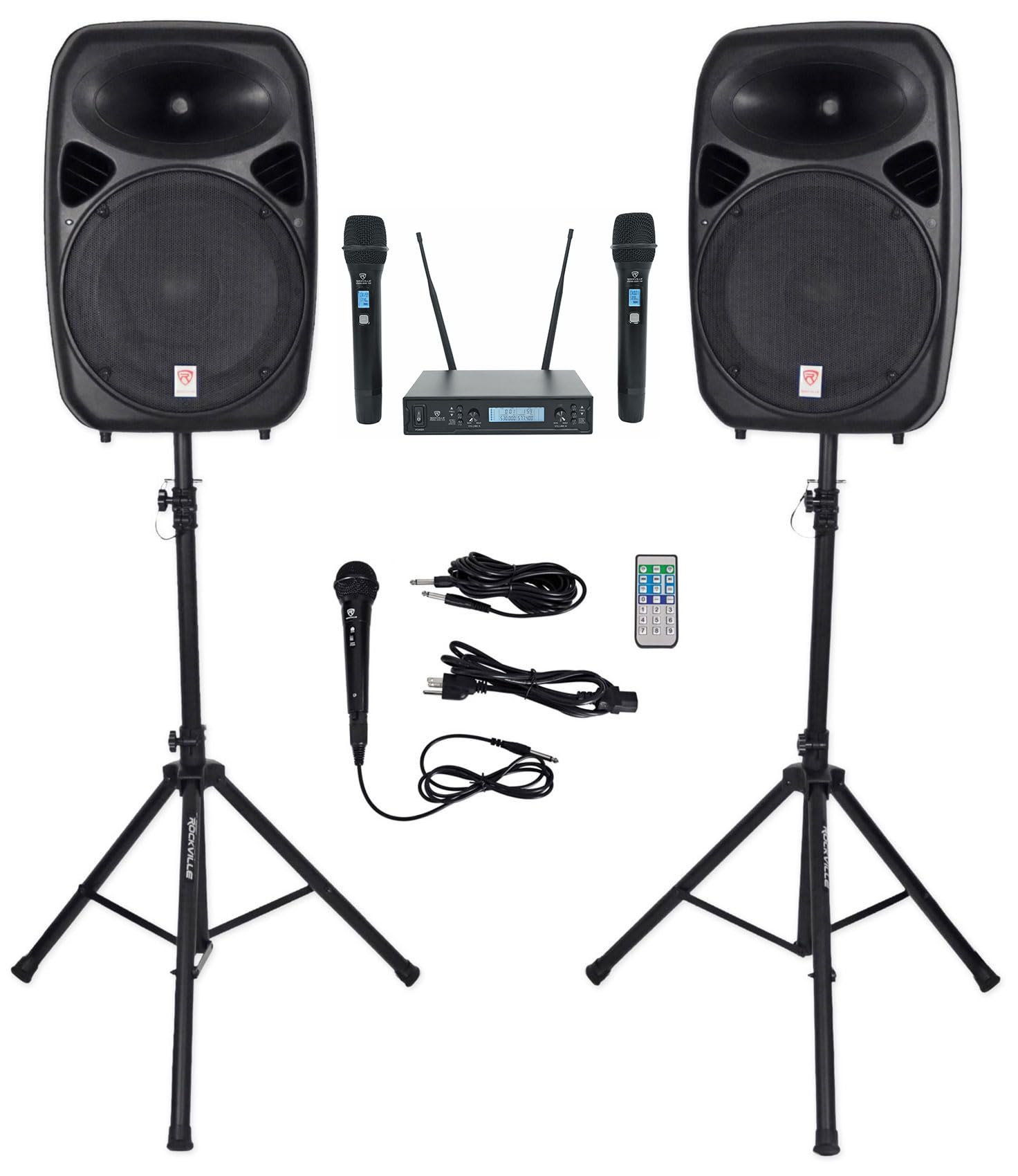 Rockville RPG152K Bundle: (2) 15 1500W Peak / 375W RMS Powered DJ/PA Speakers with Bluetooth, Stands, RWM-200 H2 UHF 200-Channel