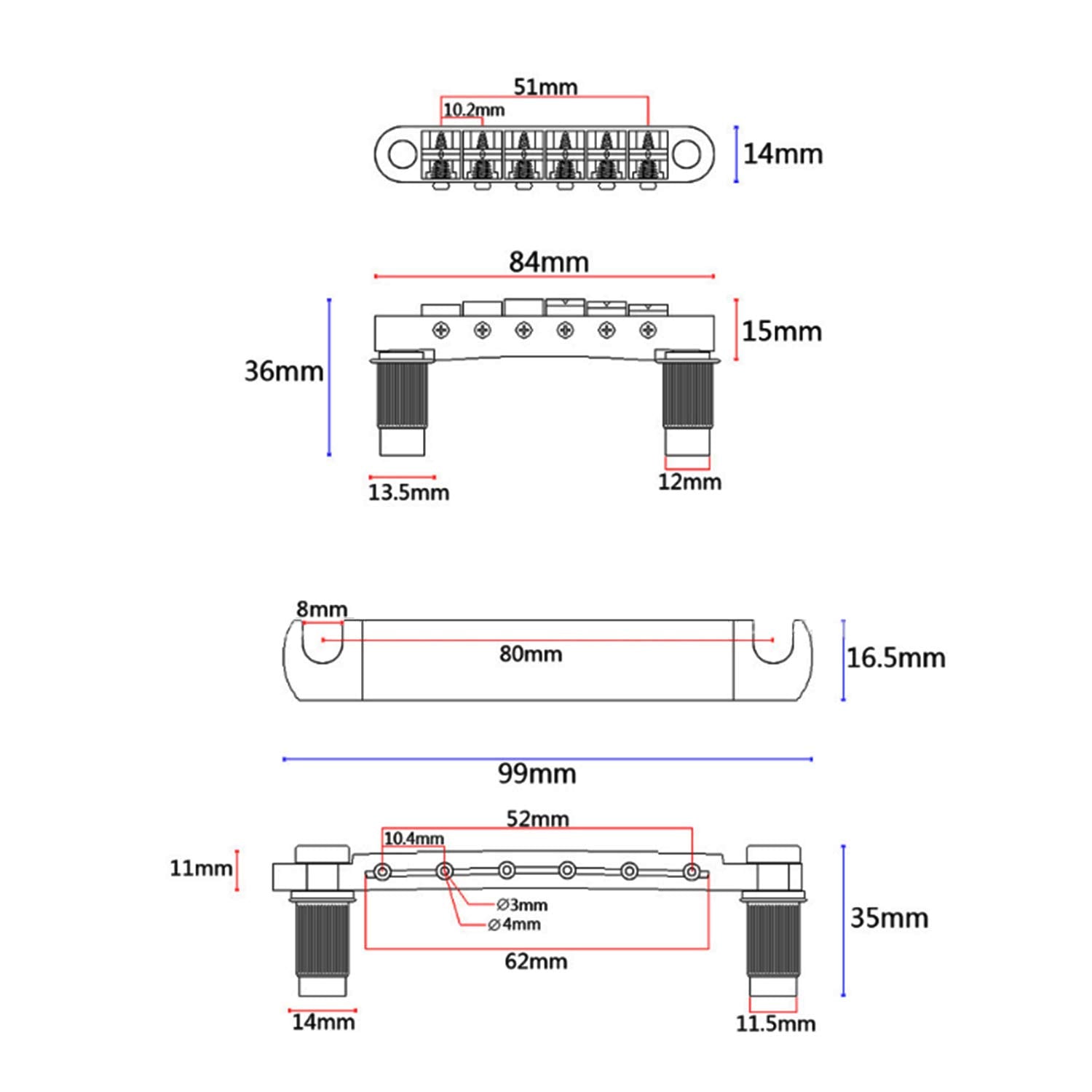 Swhmc Gold Electric Guitar Tune-O-Matic Roller Saddle Bridge & Tailpiece with Studs Set for Les Paul LP SG Style Electric Guitar