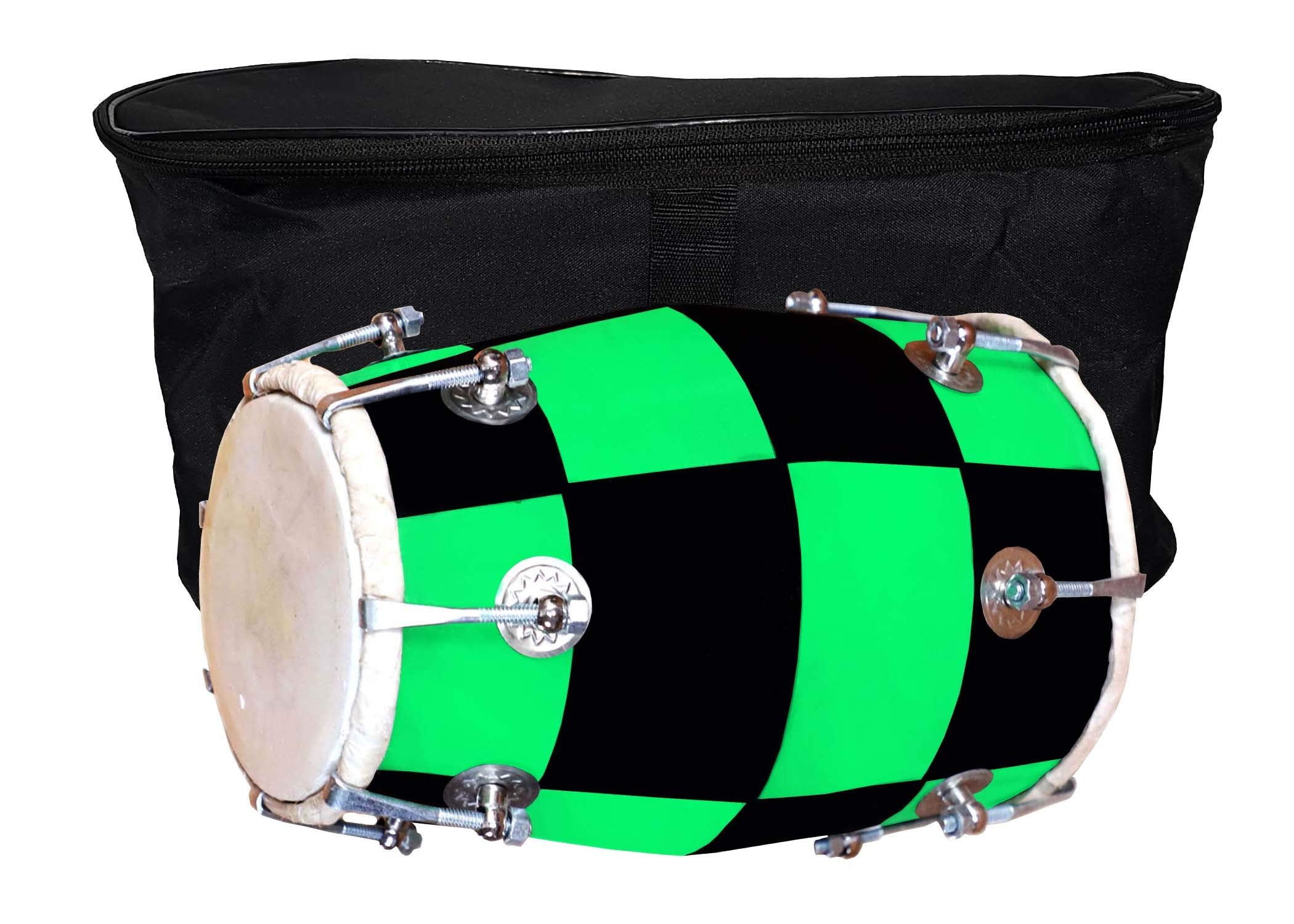 Gt Manufacture Handmade Wooden 14 Baby Dholak Nut & Bold Dholak With Cover & Beautyfull Chack Desine01 (Green)