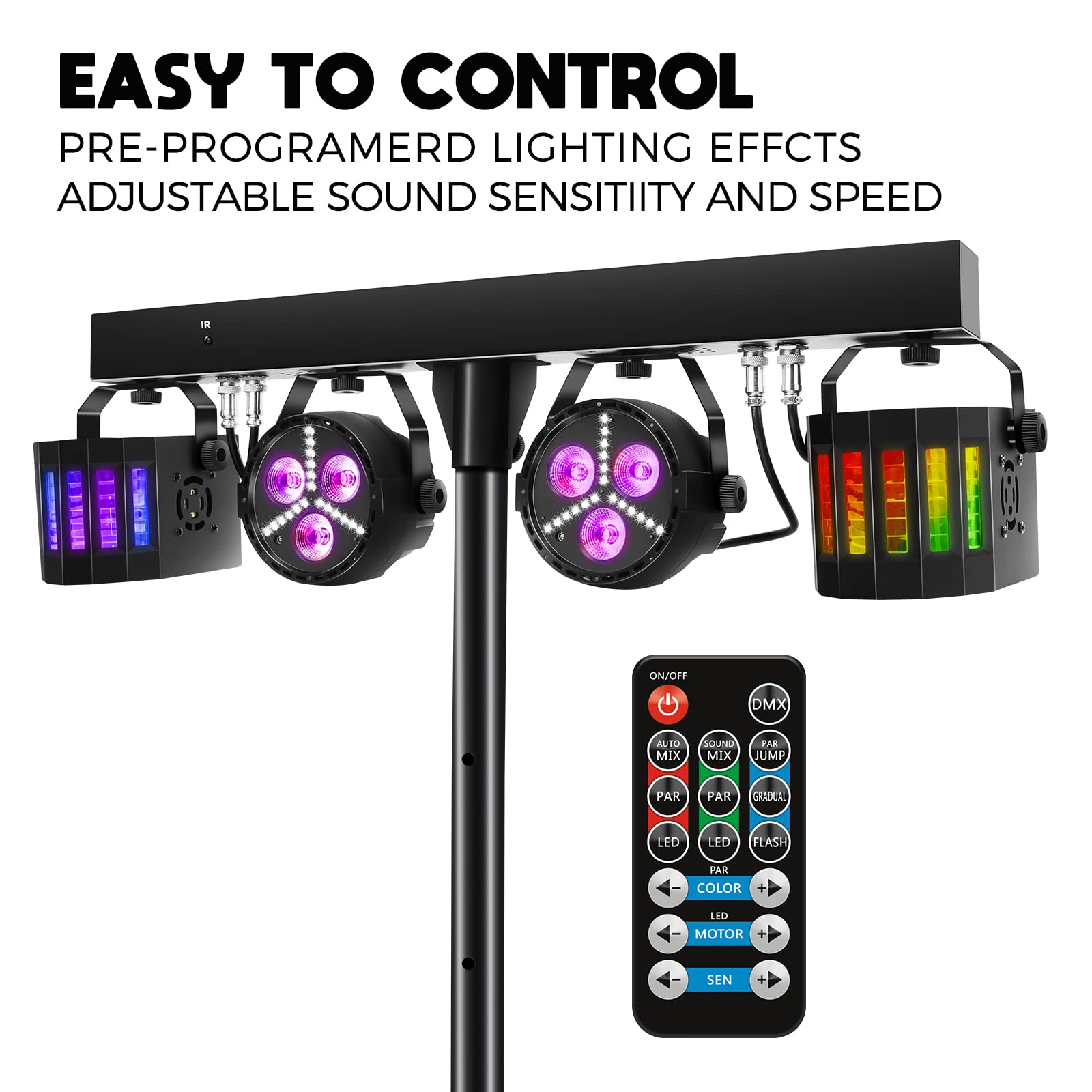 Telbum DJ Lighting Packages with Carry Bag, DJ Lights with Stand (7.5Ft) Sound Activated, DMX & Remote Control, Mobile Gig Light