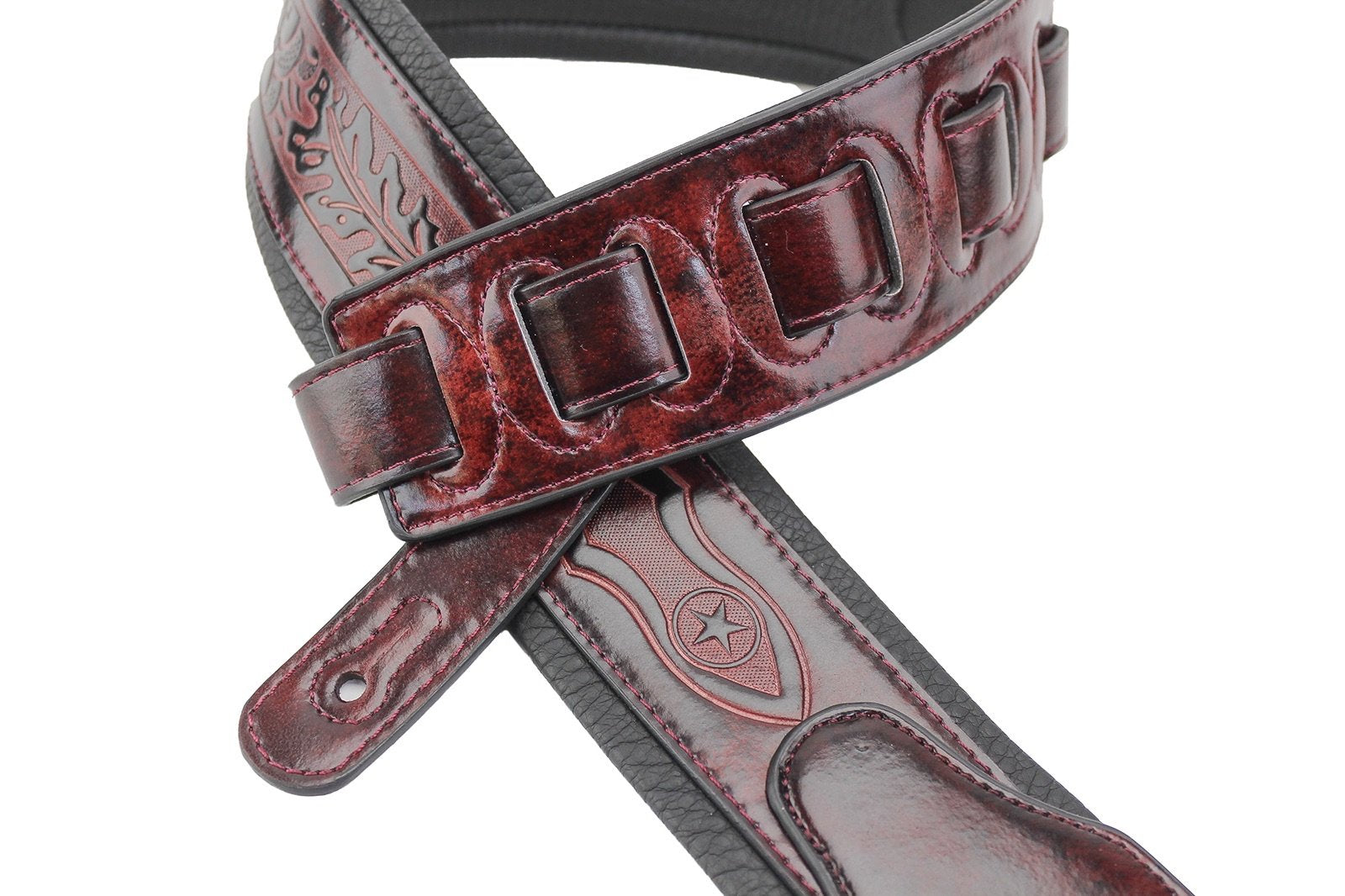 Walker & Williams GB-163 Oxford Brown Handmade Padded Guitar Strap with Oak Leaves & Texas Star Tooling For Acoustic, Electric,