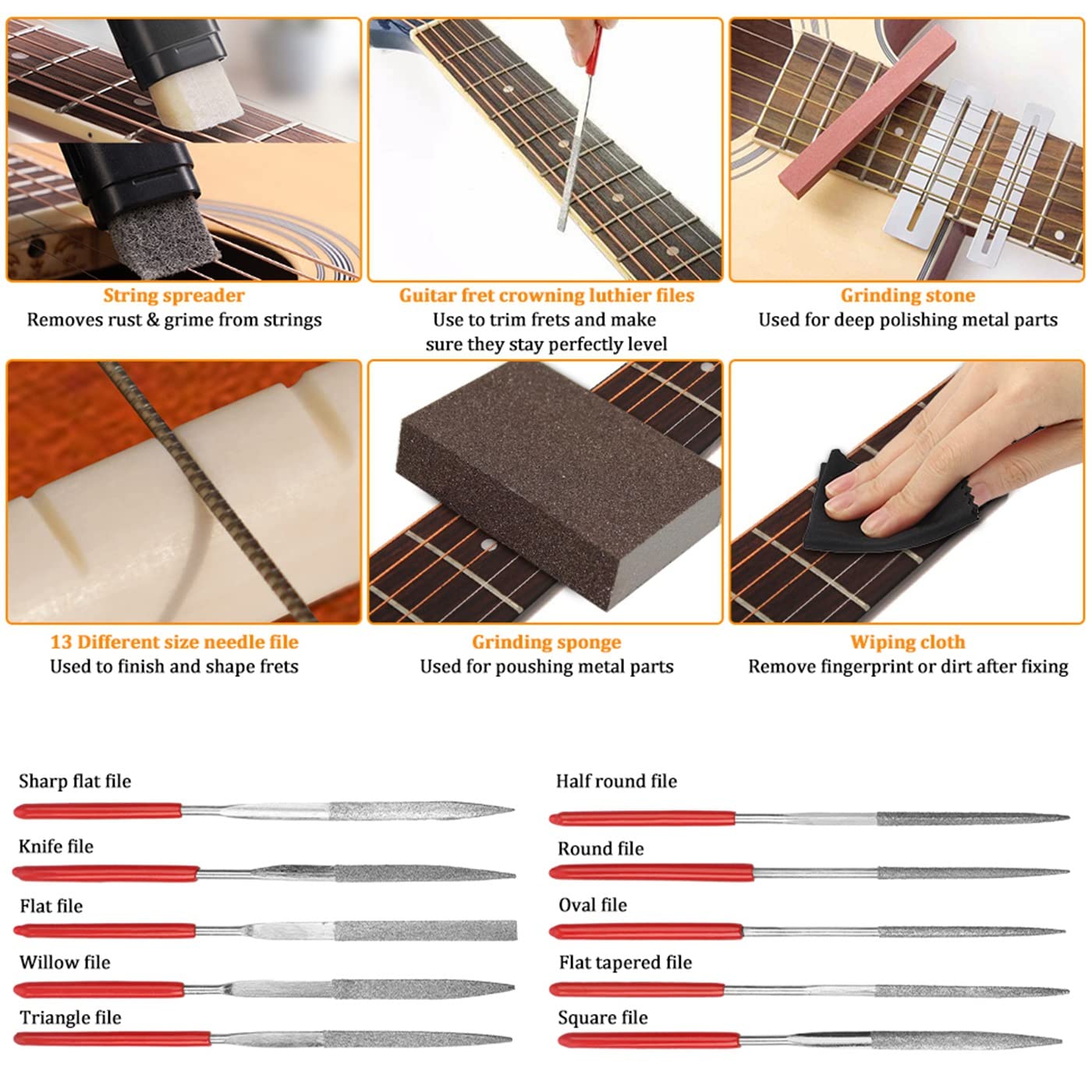 Guitar Repairing Maintenance Tool Kit 72Pcs Guitar Repair Kit Including Guitar Strings, Plectrums, Bridge, Guitar Code For Acous