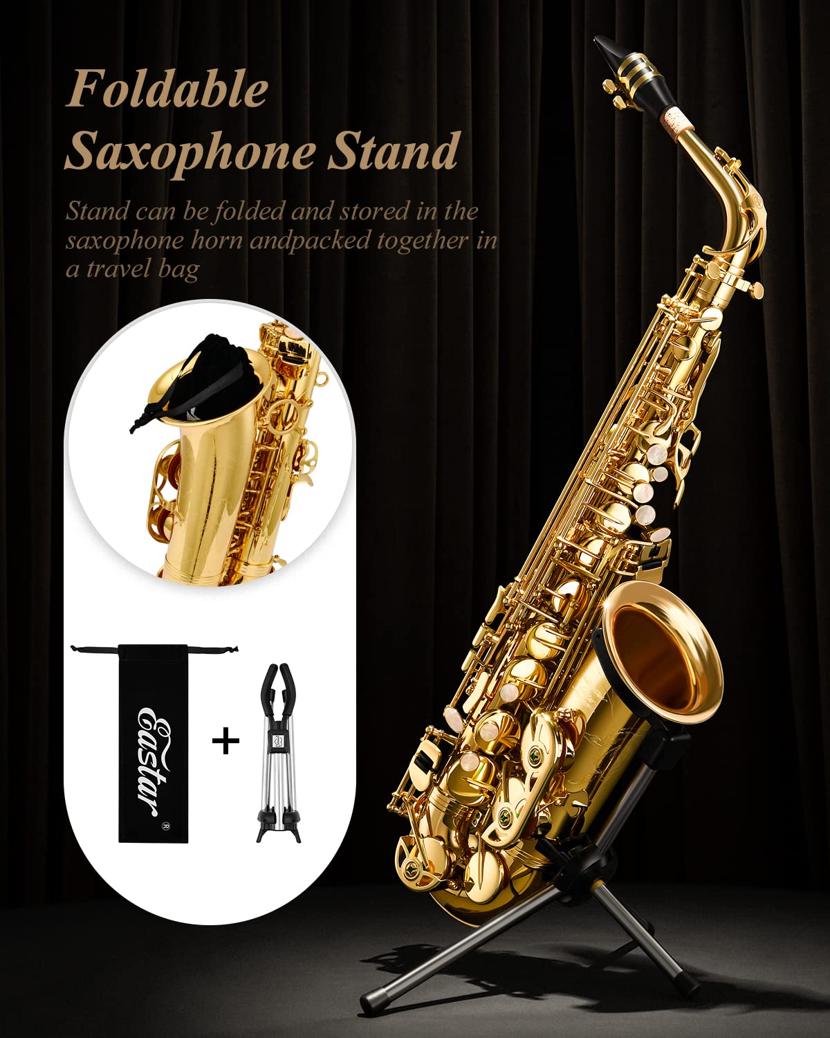 Eastar EAX-21, Alto Saxophone, E Flat Saxophone for Beginner Students Brass Sax Full Kit, Travel Bag, Foldable Stand, Cleanning