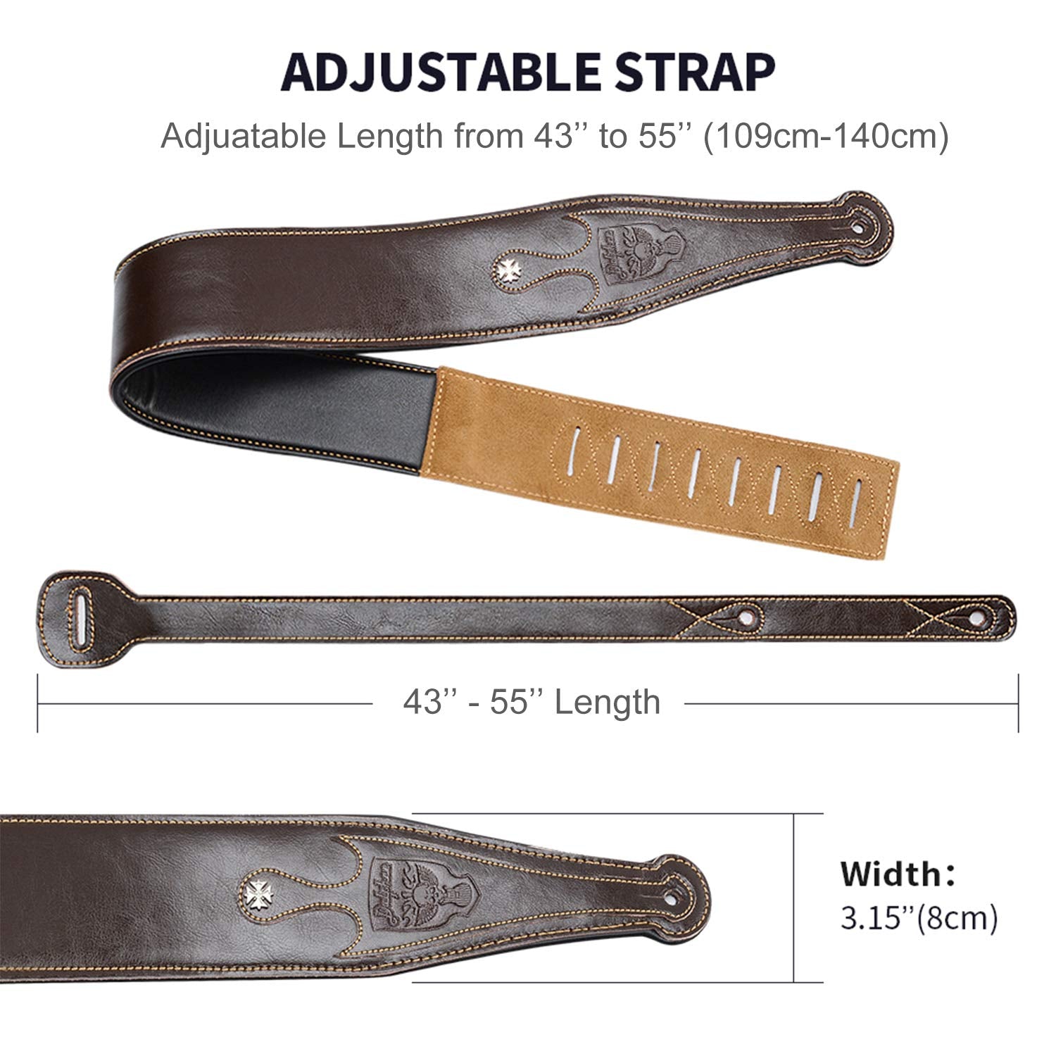 Dulphee Leather Guitar Strap, 3.15'' Genuine Leather Guitar Strap with Suede & Leather Lined for Bass, Electric Guitar and Acous