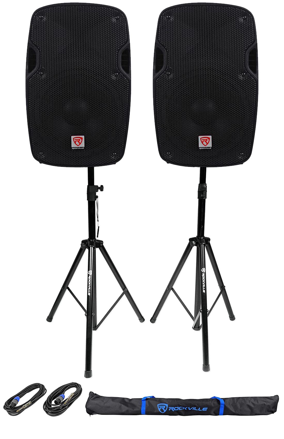 Rockville SPG84 Bundle: (2) 8 400W Peak / 100W RMS 4 Ohm Passive DJ PA Speakers ABS Cabinet, (2) RVSS2-TSNL4 Tripod Stands, 20 f