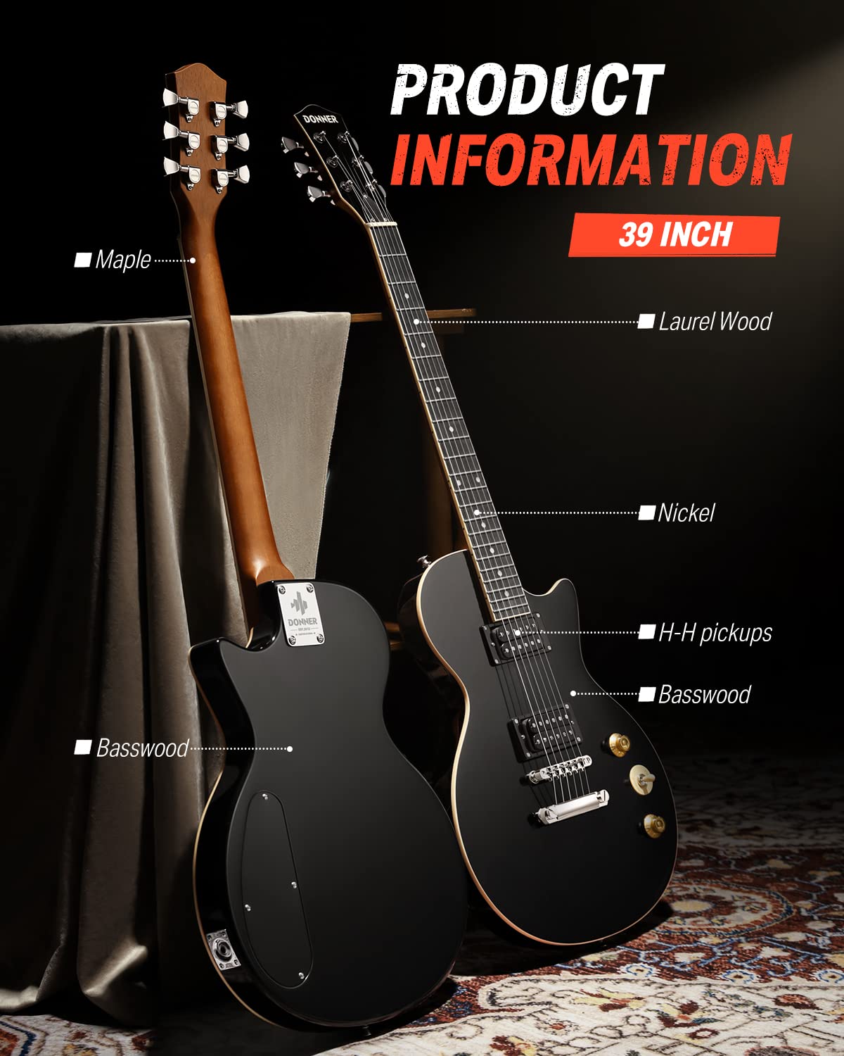 Donner Electric Guitar LP Solid Body, Full-Size 39 Inch Electric Guitar Beginner Kit Black with Bag, Cable, Strap, DLP-124B