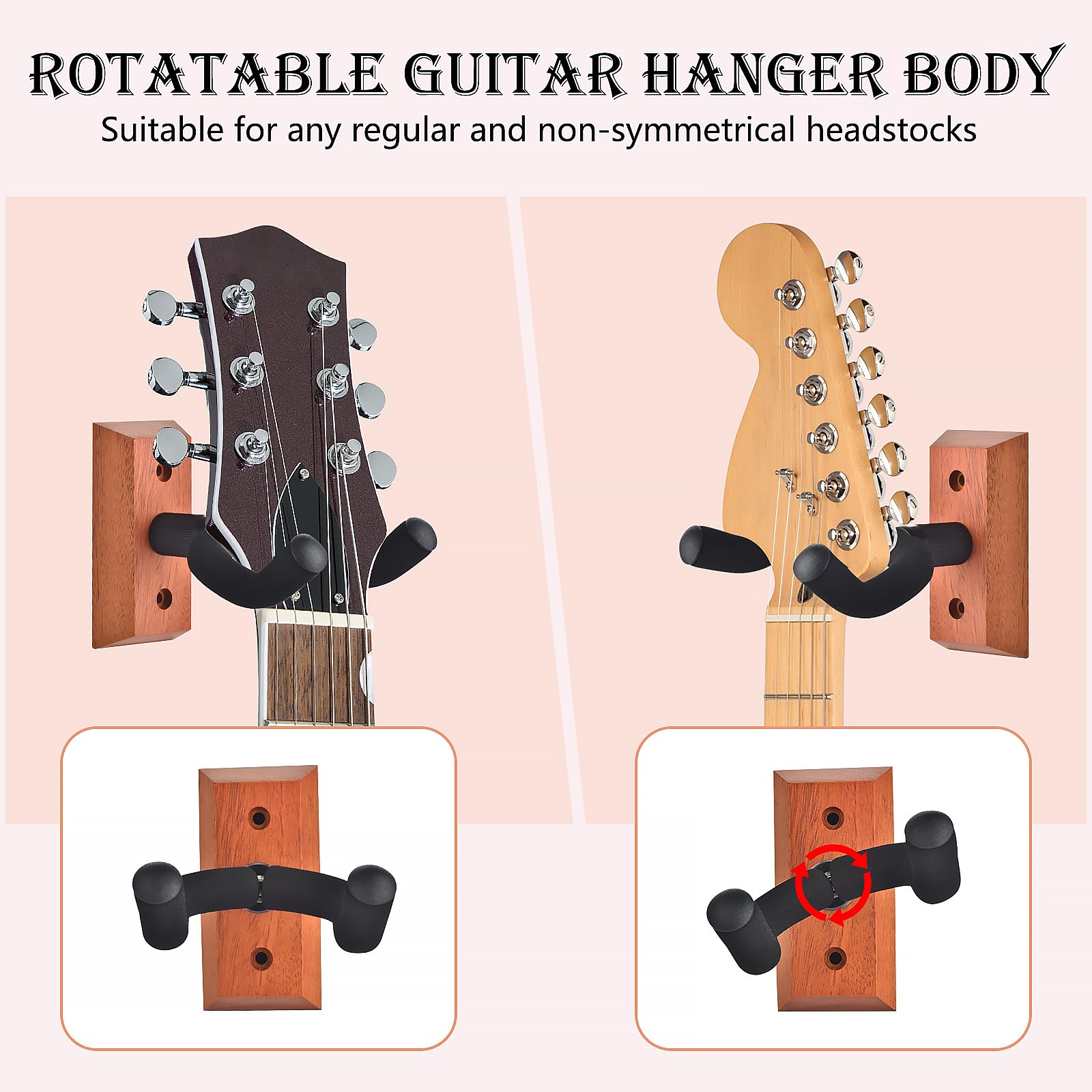 DOMMI Guitar Wall Mount 4 Pack, Guitar Hanger with Rotatable Soft Hook for All Size Guitars, Hardwood U-Shaped Guitar Holder Wal