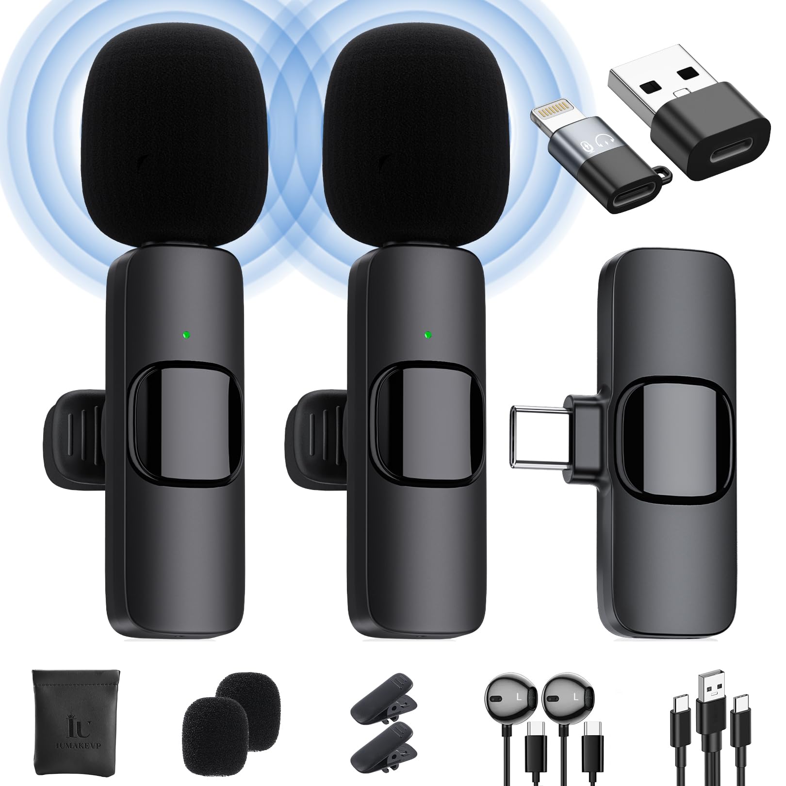 IUMAKEVP Wireless Lavalier Microphone for iPhone/Android Phone/Laptop, Plug-Play Clip on Lapel Mic with Auto Noise Reduction for