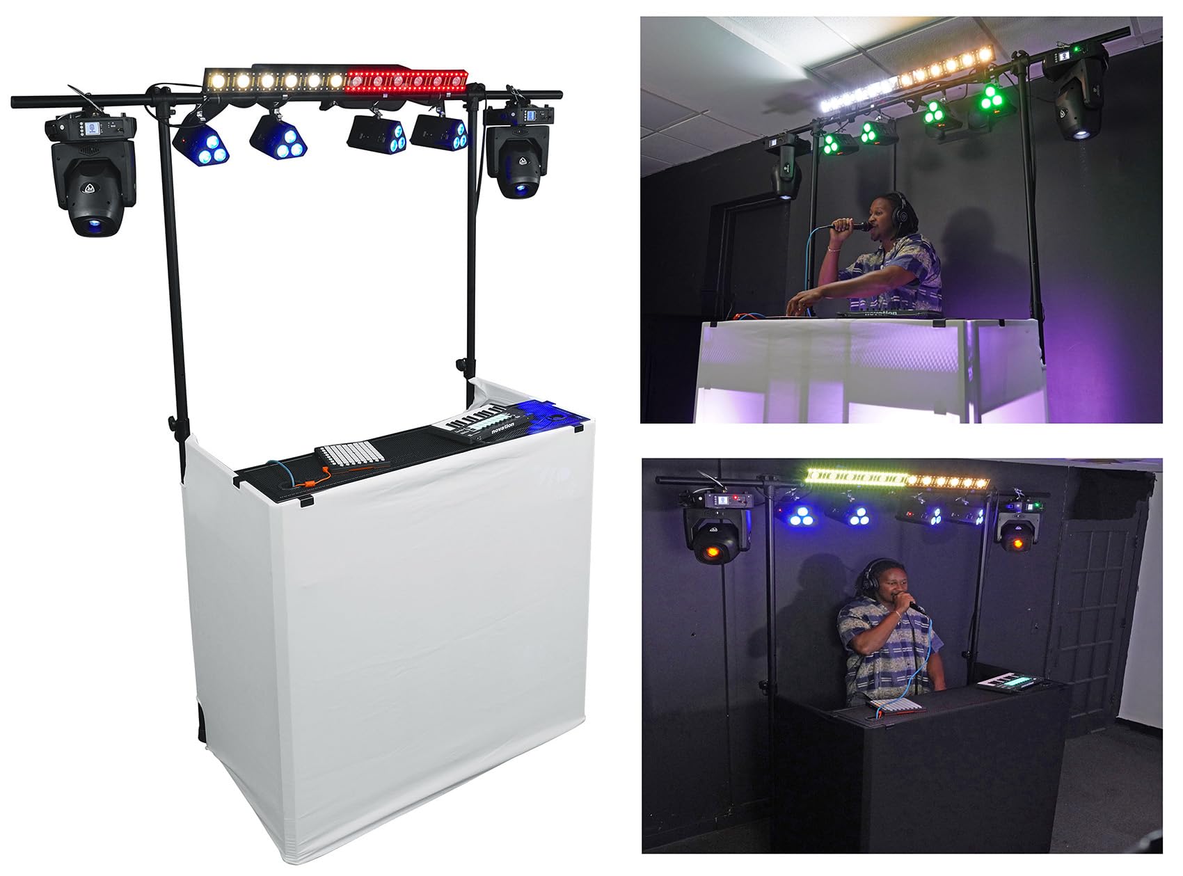 Rockville ROCKBOOTH TRUSS V2 DJ Booth Facade, 8ft Lighting Truss, 2-Tier Tables, Folds Flat into 2 Carry Bags, Black/White Scrim
