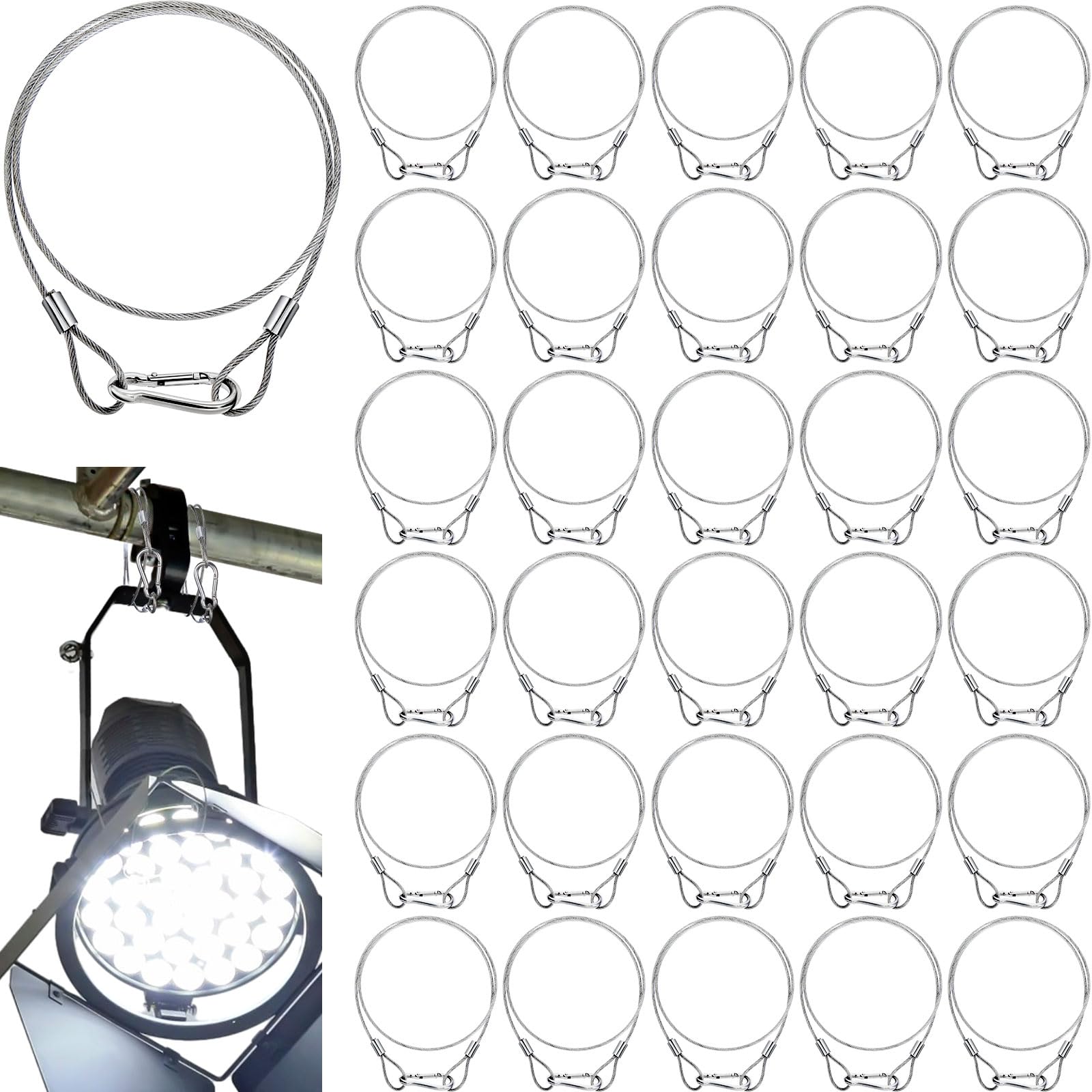 Tandefio 30 Pcs 32 Stage Lights Safety Cables with Loop Stainless Steel Security Wire Rope with Lock for Stage Lighting Dj Light