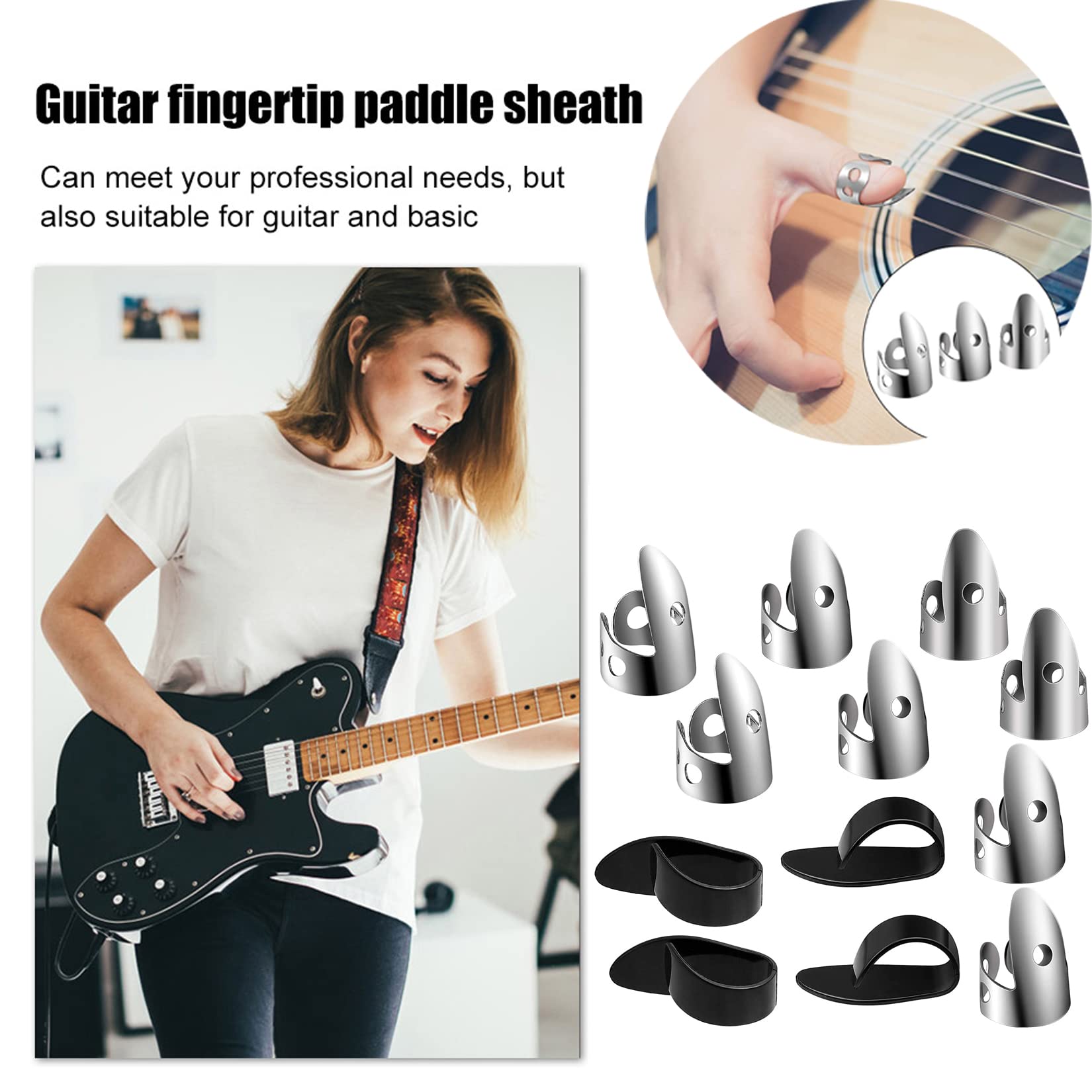 12pcs Adjustable Finger Thumb Picks Set Includes 8pcs Silver Stainless Steel Finger Picks and 4pcs Plastic Thumb Picks for Guita