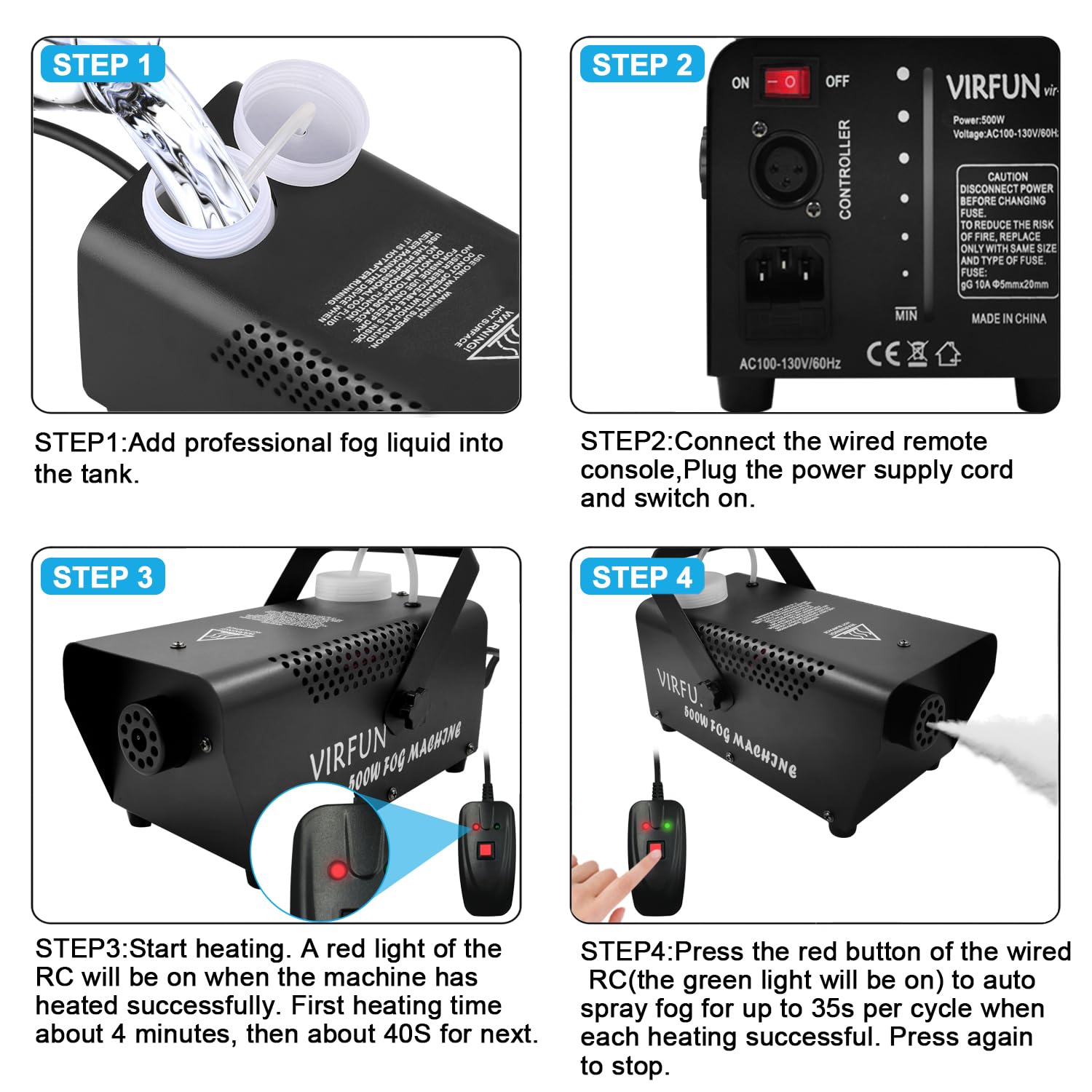 Automatic Smoke Machine, VIRFUN Fog Machine with Auto Mode and Wired Remote Control for Outdoor, Wedding, Indoor, Halloween, Par