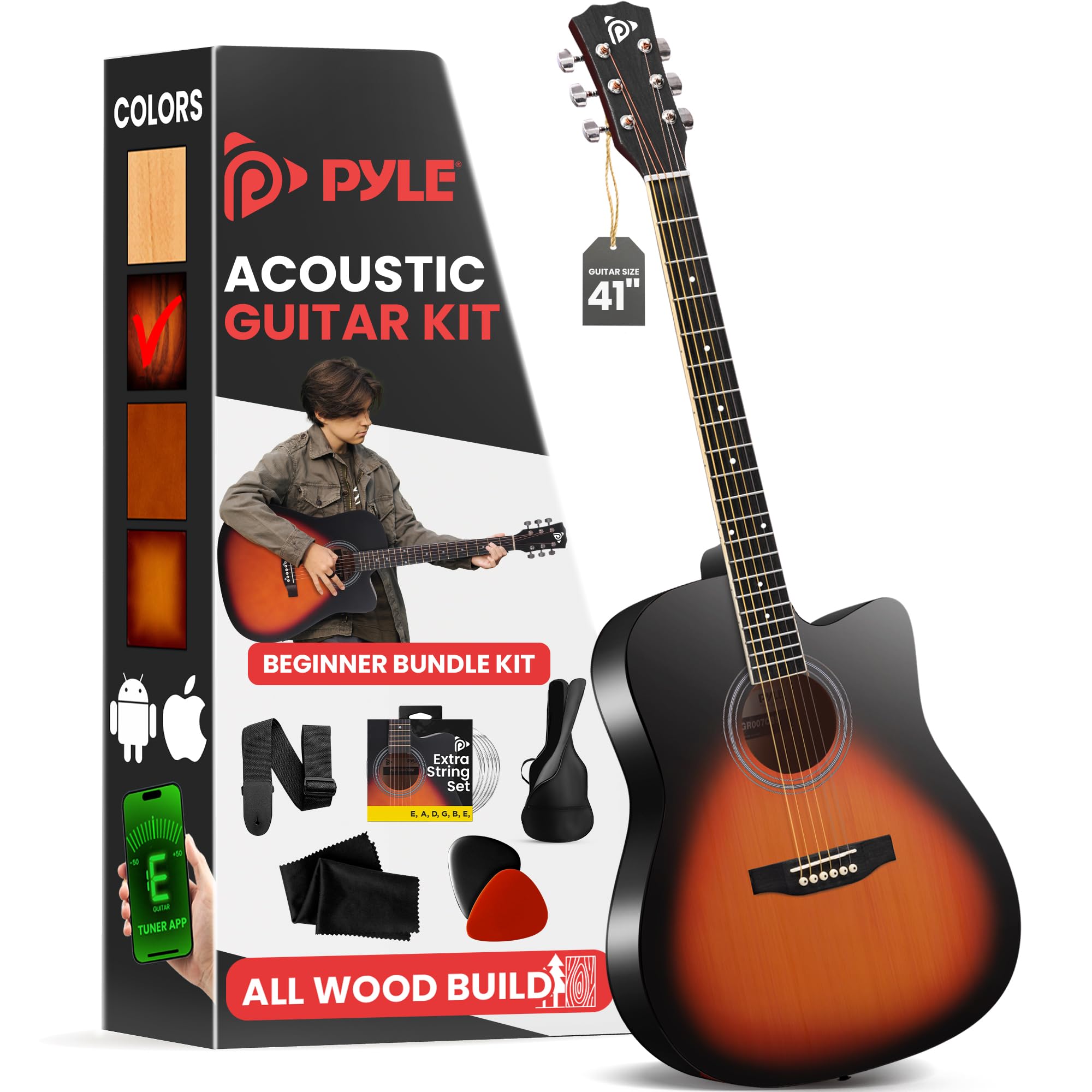 Pyle Steel String Acoustic Guitar Kit, 4/4 Full Size Cutaway All-Wood Guitarra Acustica With Premium Accessory Set And Upgraded