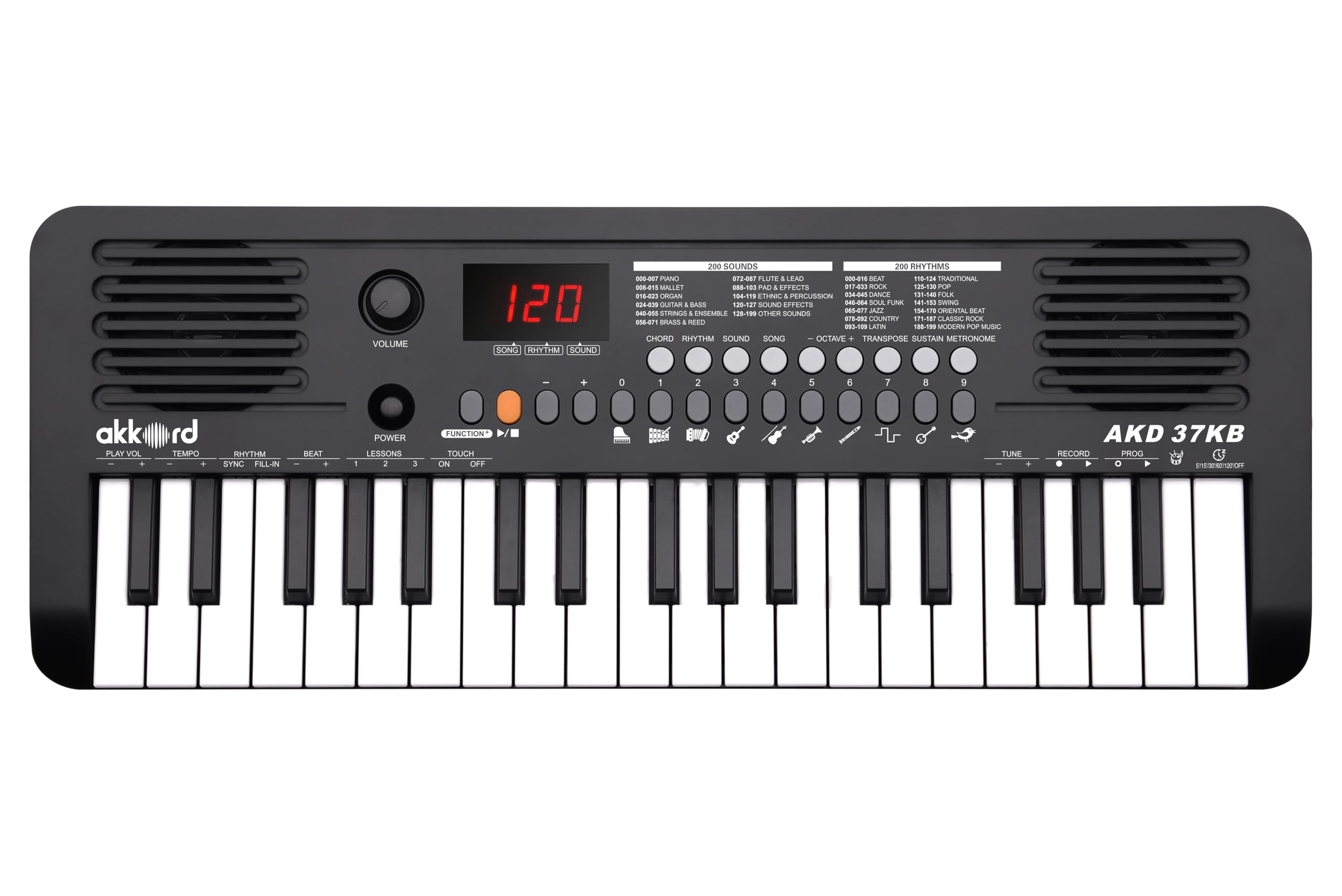 Akkord 37 Keys Music Keyboard  Black Edition | Midi Usb-C, Touch Response, 200 Rhythms, Tones & 40 Demos, Led Display, Portable 