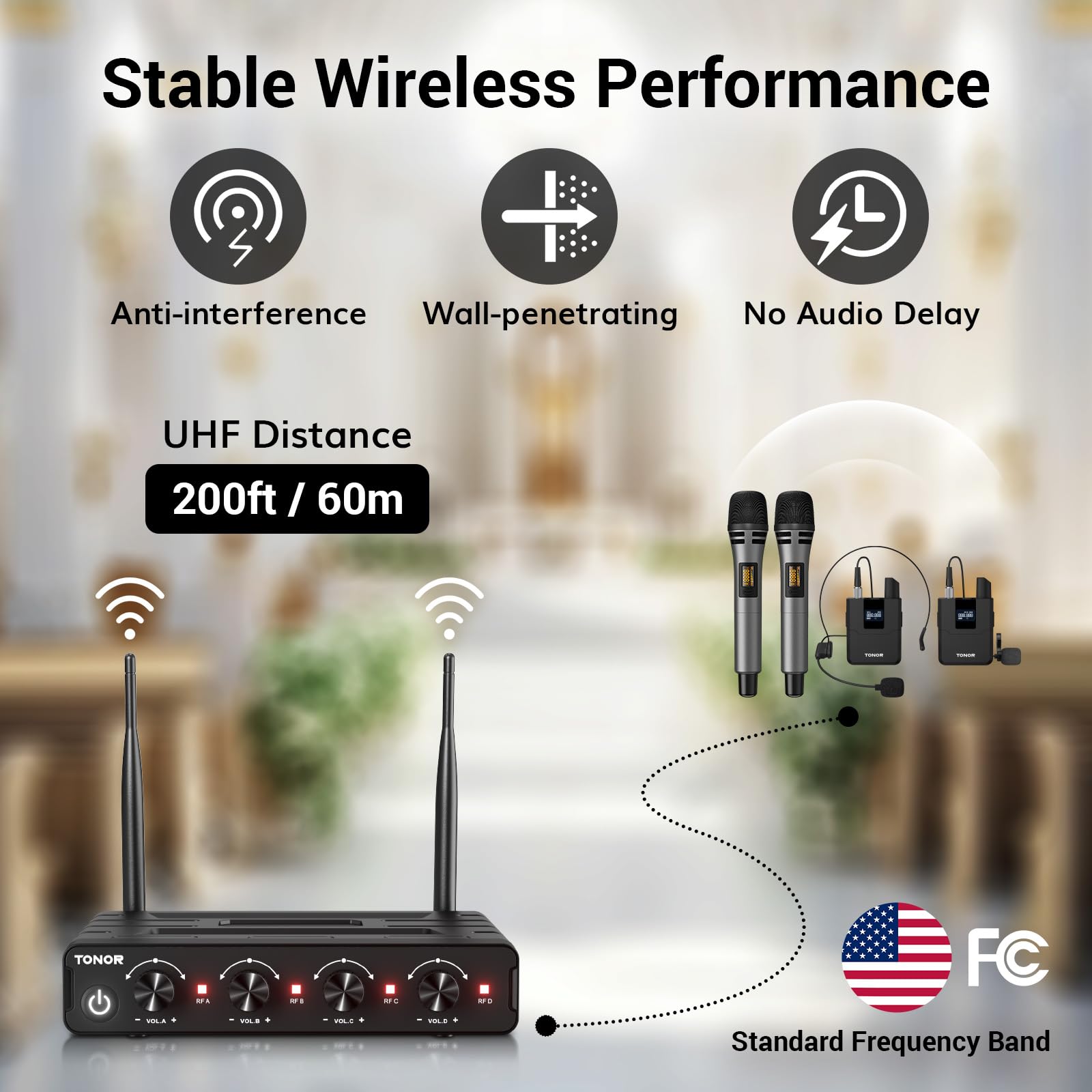 TONOR Wireless Microphone System, 4 * 10-Channel UHF Cordless Handheld Mic Set with Headset/Lavalier Lapel Mics, Bodypack Transm