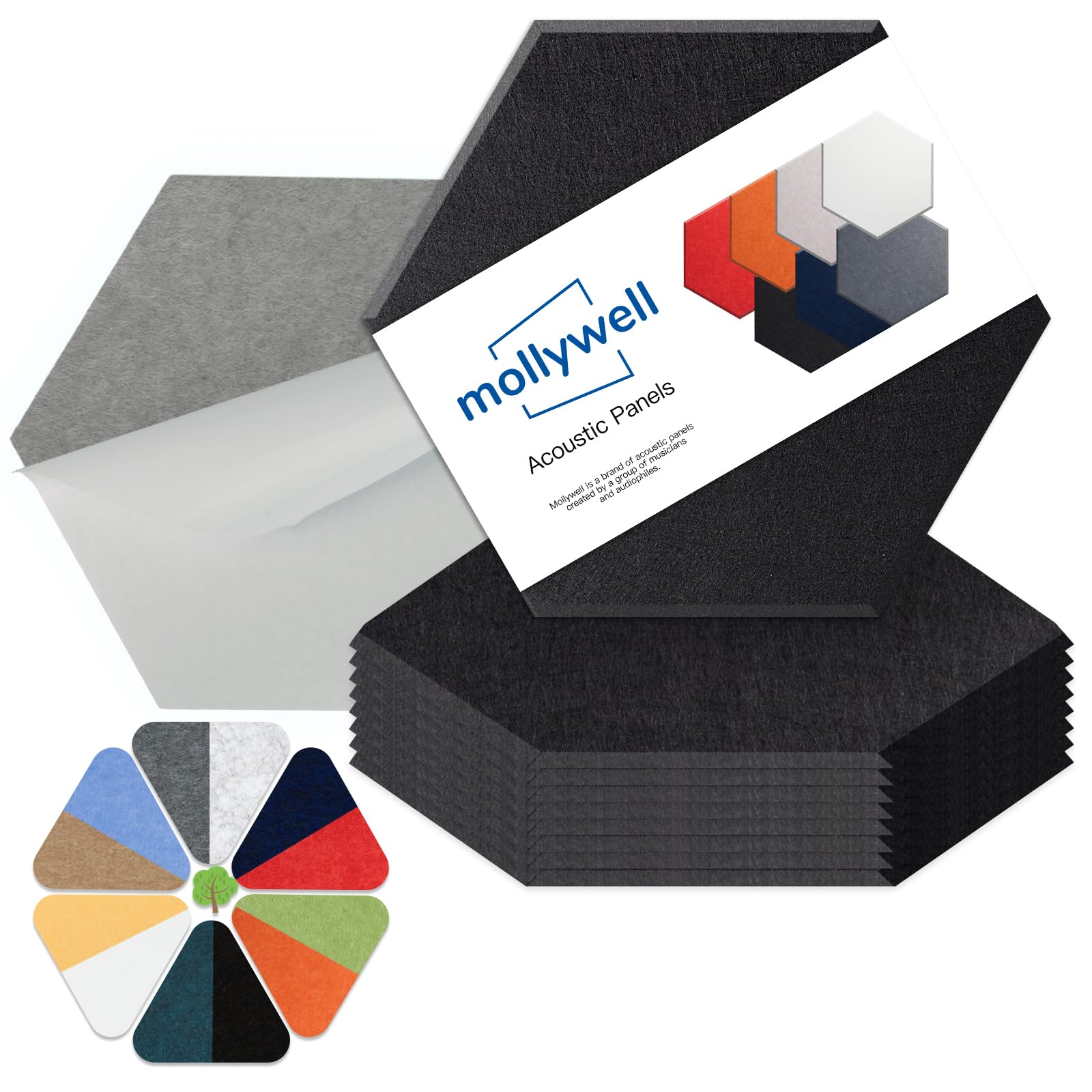 Mollywell Hexagon Acoustic Panels, High Density, Soundproofing, Decorative Noise Reduction Felt Wall Tiles For Ceilings, Home Of