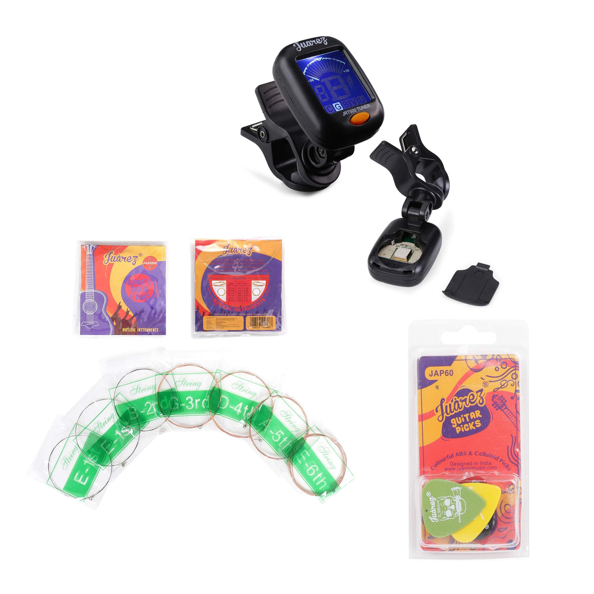 Juarez Jrt500 Guitar/Ukulele Tuner Combo With 7-Piece Extra Light Phosphor Bronze Acoustic Guitar Strings Set & Jap60 Pick Set (