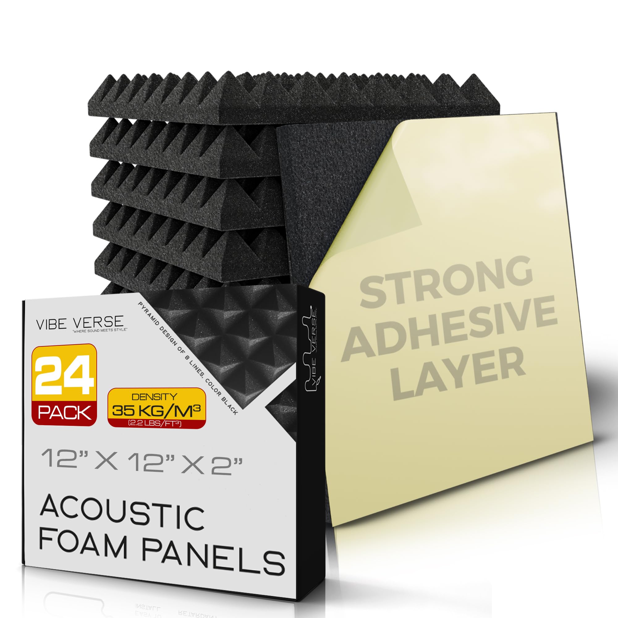 Vibeverse - 24 Pack Self Adhesive Acoustic Foam Sound Absorption Panels, 12'' X 12'' X 2'', Black Pyramid Of 8 Lines Design, 35