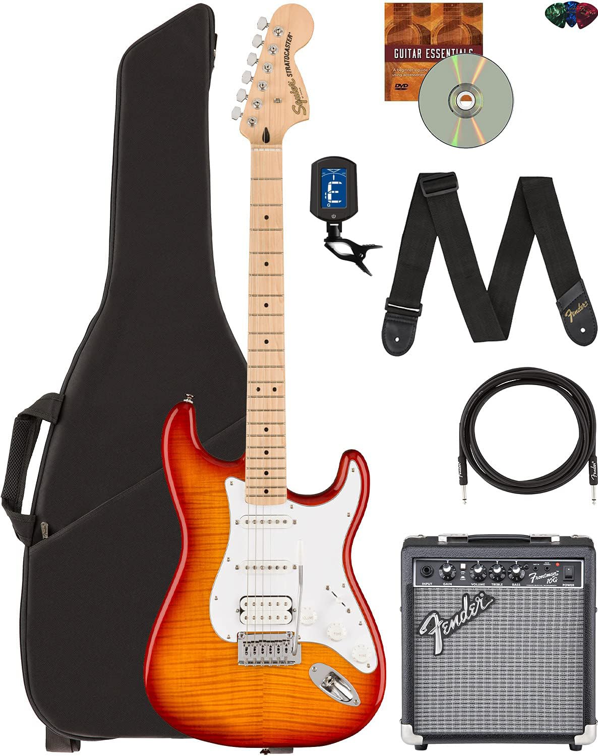 Fender Squier Affinity Stratocaster Fmt Hss - Sienna Sunburst Bundle With Frontman 10G Amplifier, Gig Bag, Tuner, Instrument Cab