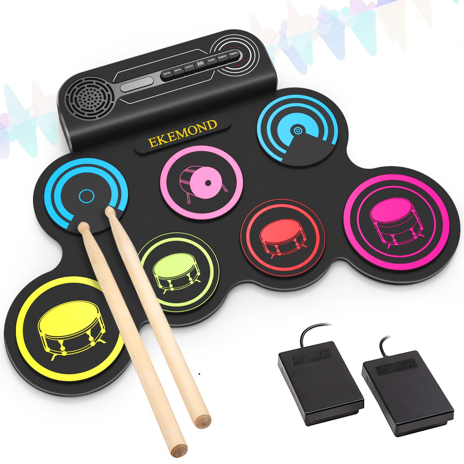 EKEMOND 7-Pads Electronic Drum Set Drum Pad with Headphone and Speaker, Drumsticks & Pedals, Holiday Gifts for Kids
