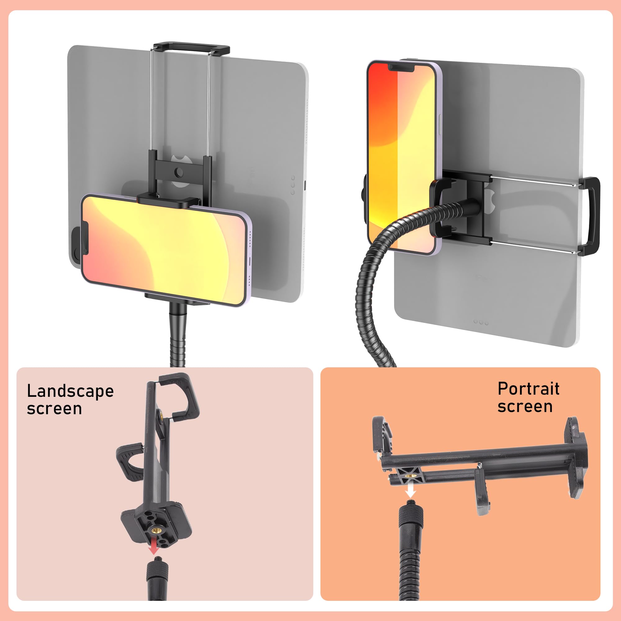 Microphone Stand with IPAD Clip, Floor Foldable Mic Stand with Phone Clip,Heavy Duty Tripod Boom Arm with 2 Mic Clips and Carryi
