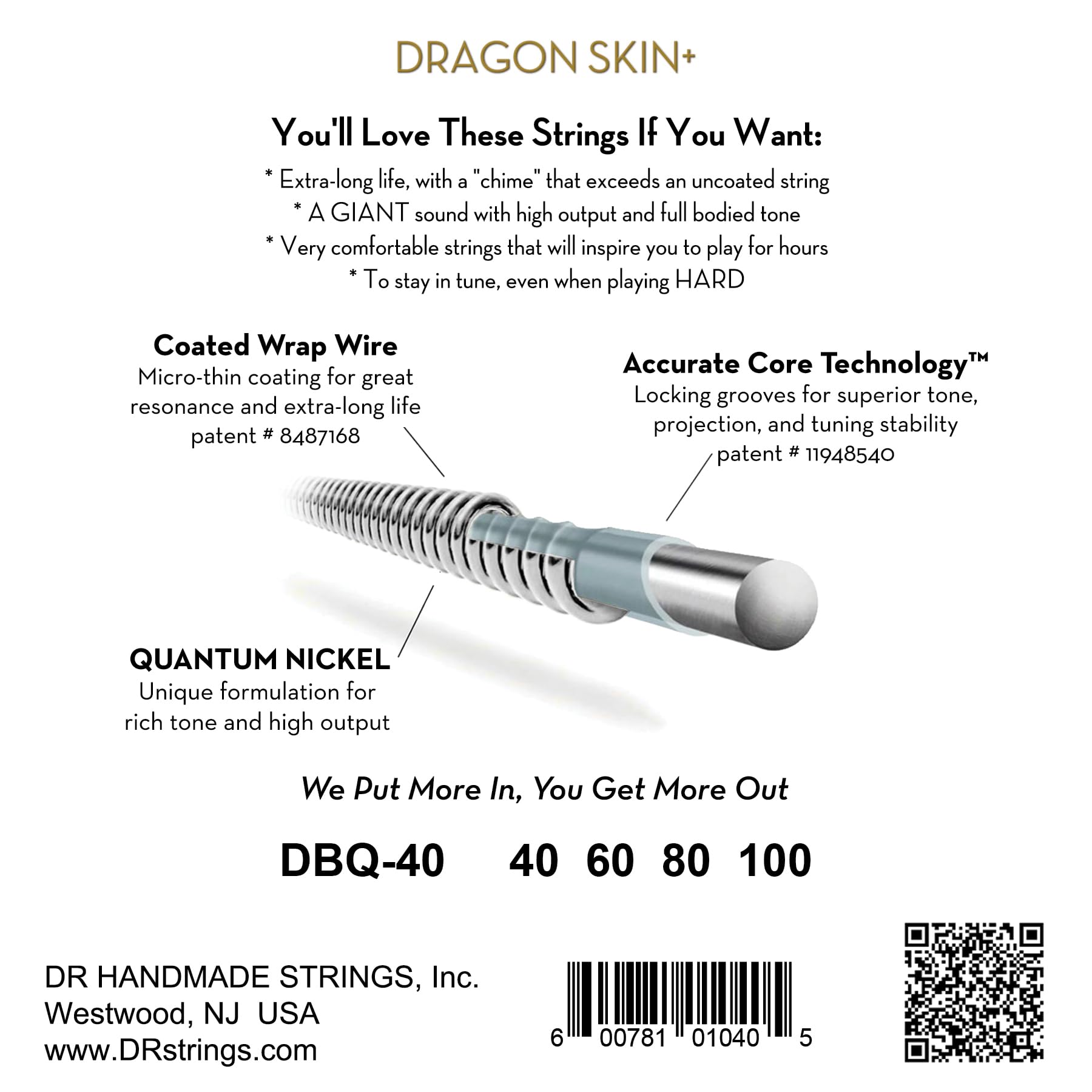 DR Strings DRAGON SKIN+ - Coated Quantum Nickel Bass Strings - DBQ-40 - Superior Sound with Comfortable Feel & Long Life: Light