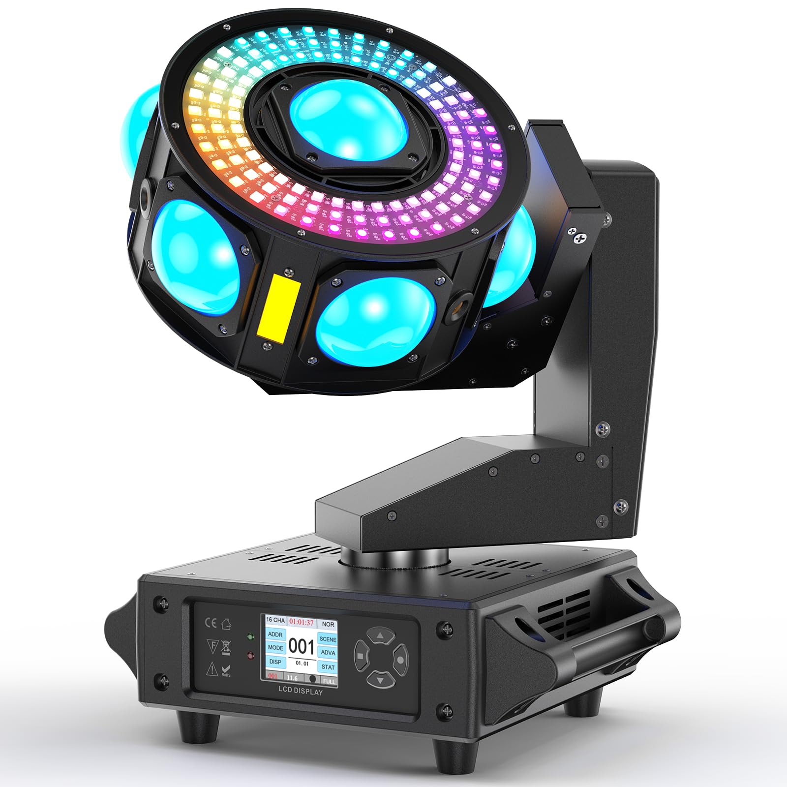 DJ Moving Head Light,XYZ 3-Axis Infinite Rotating 7 LED Beams Stage Lighting with 108x0.2W Colorful Circle,Starry,Amber Strobe E