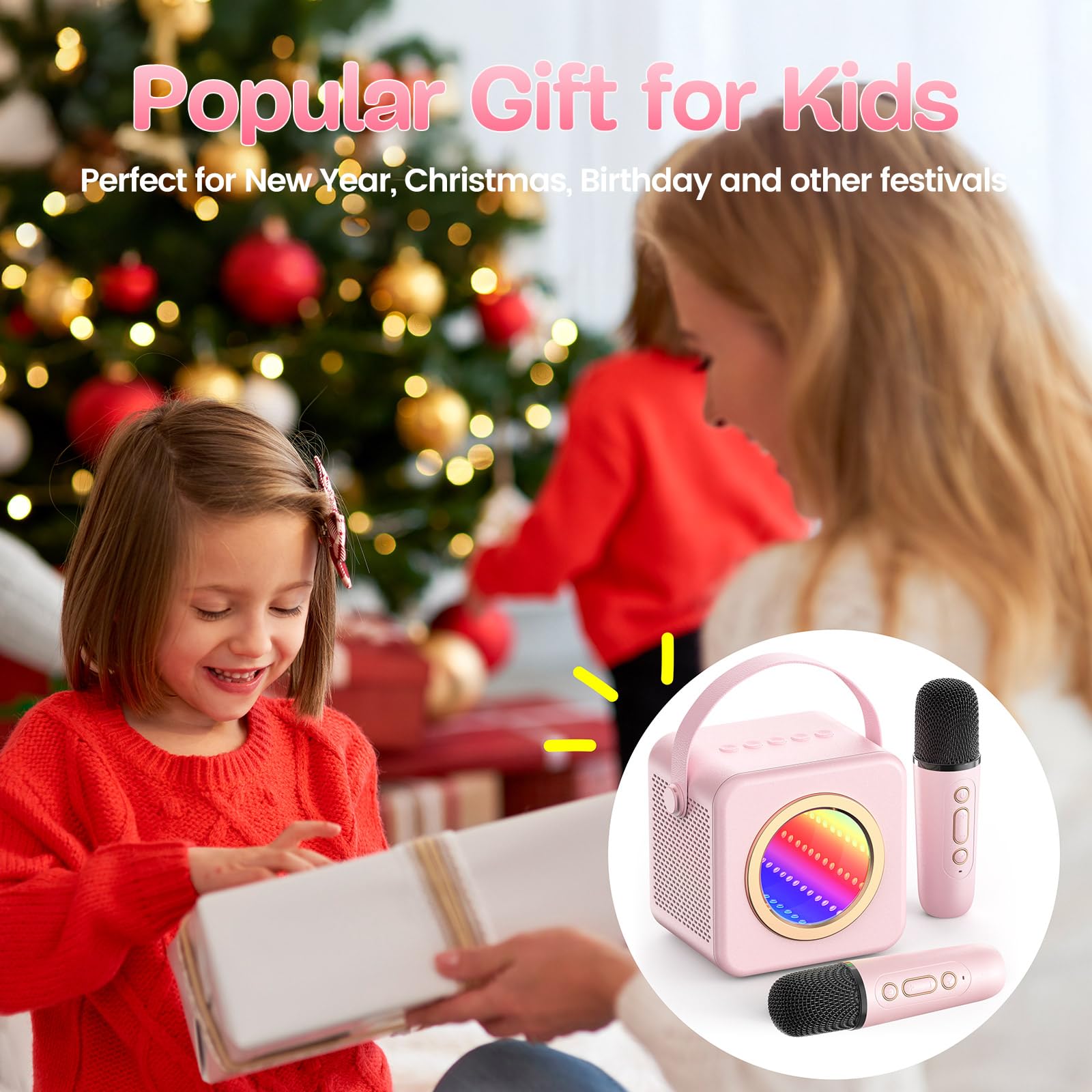 XWIT Karaoke Machine Gifts for Kids Adults: Mini Karaoke Speaker Machine with Wireless Microphones Colorful LED Light Christmas