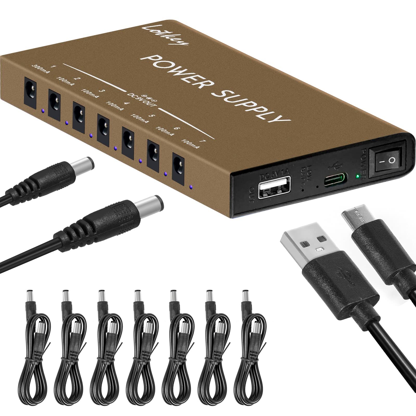 9V Guitar Power Supply 9 Isolated DC Output for 9V/12V/18V Effect Pedal and 1 USB Output for Mobile Devices (Lotkey LPB-03)