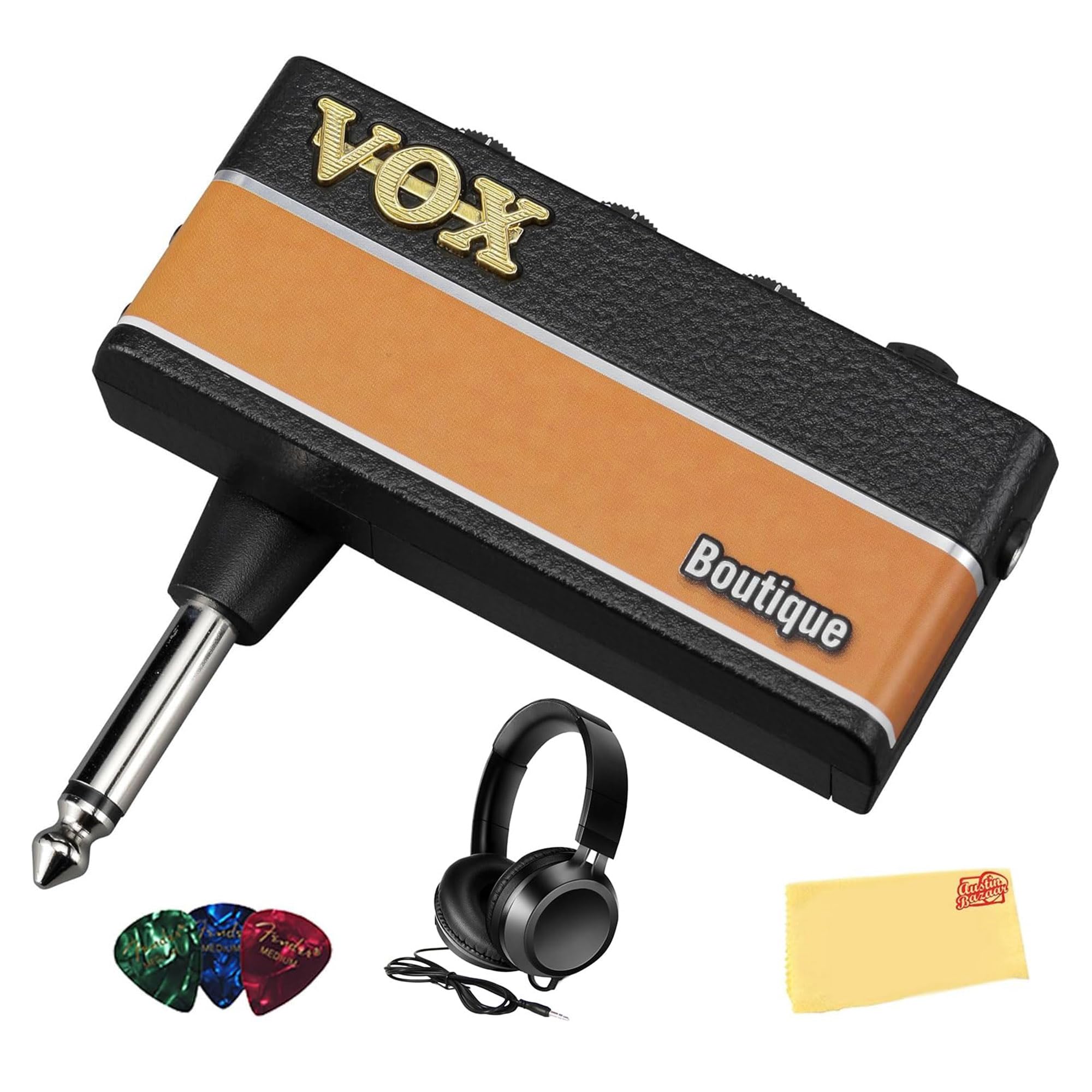 Vox AmPlug 3 Headphone Guitar Amplifier - Boutique Bundle with Headphones, Guitar Picks, and Austin Bazaar Polishing Cloth