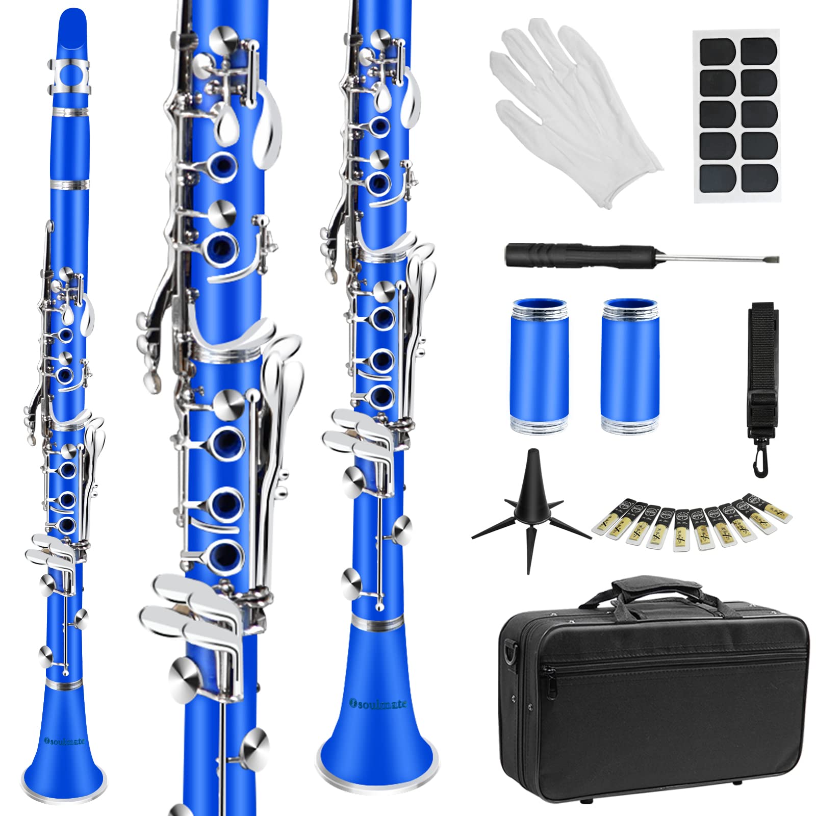 Soulmate Bb Flat 17 Nickel Keys Beginner Student Clarinet with 2 Barrels and Clarinet Cleaning Kit, Blue