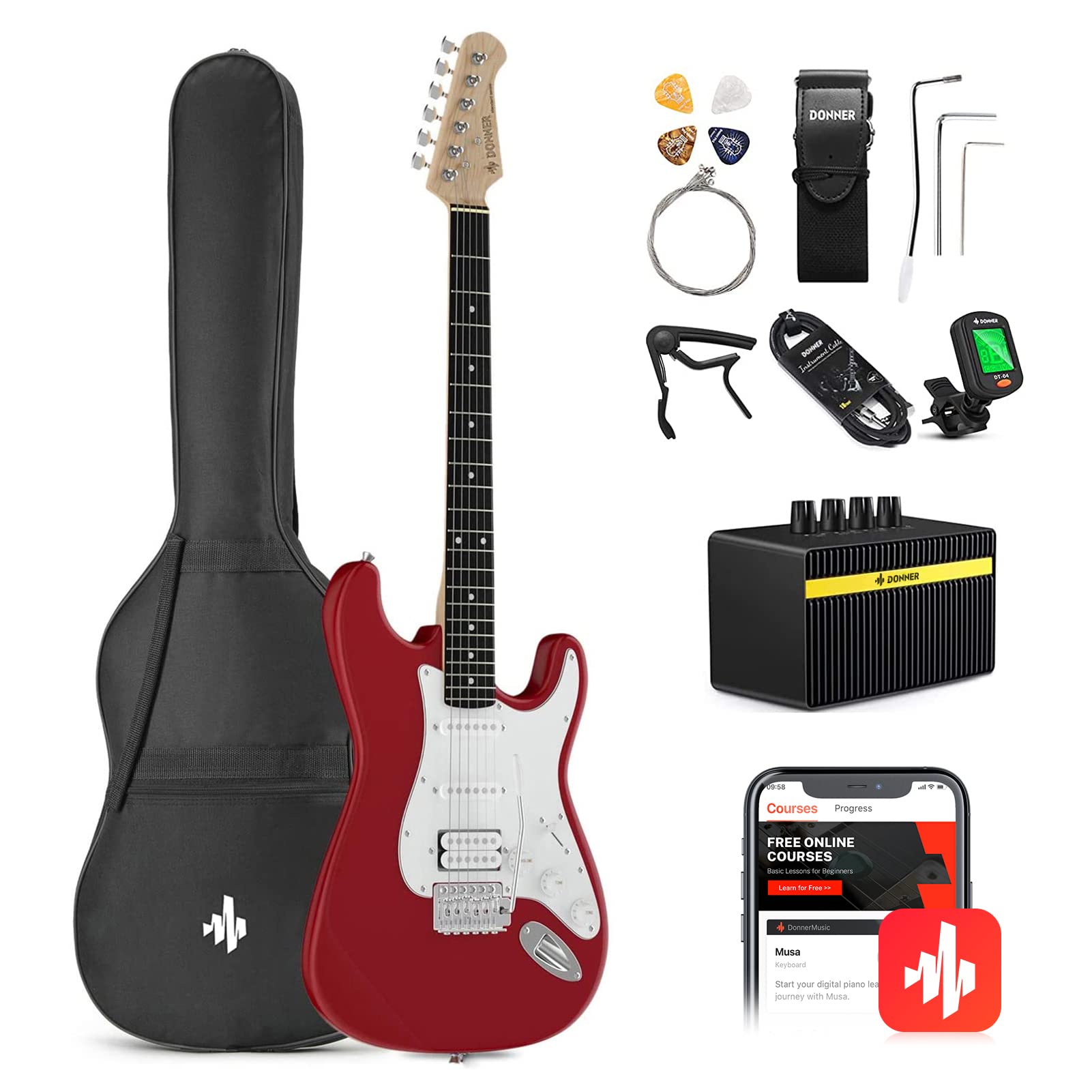Donner Dst-100R 39 Inch Electric Guitar Beginner Kit Red Full Size Solid Body Hss Pick Up Starter Package With All Accessories A