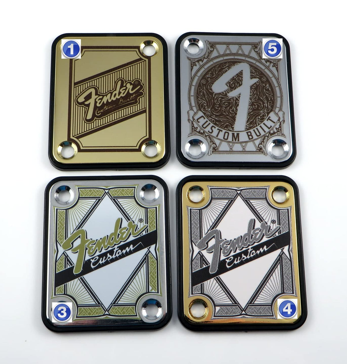 Standard 4 Bolt''Custom Built'' Engraved Or Printed Guitar Neck Plate - Choose From 4 Designs - Silver, Gold Or Black