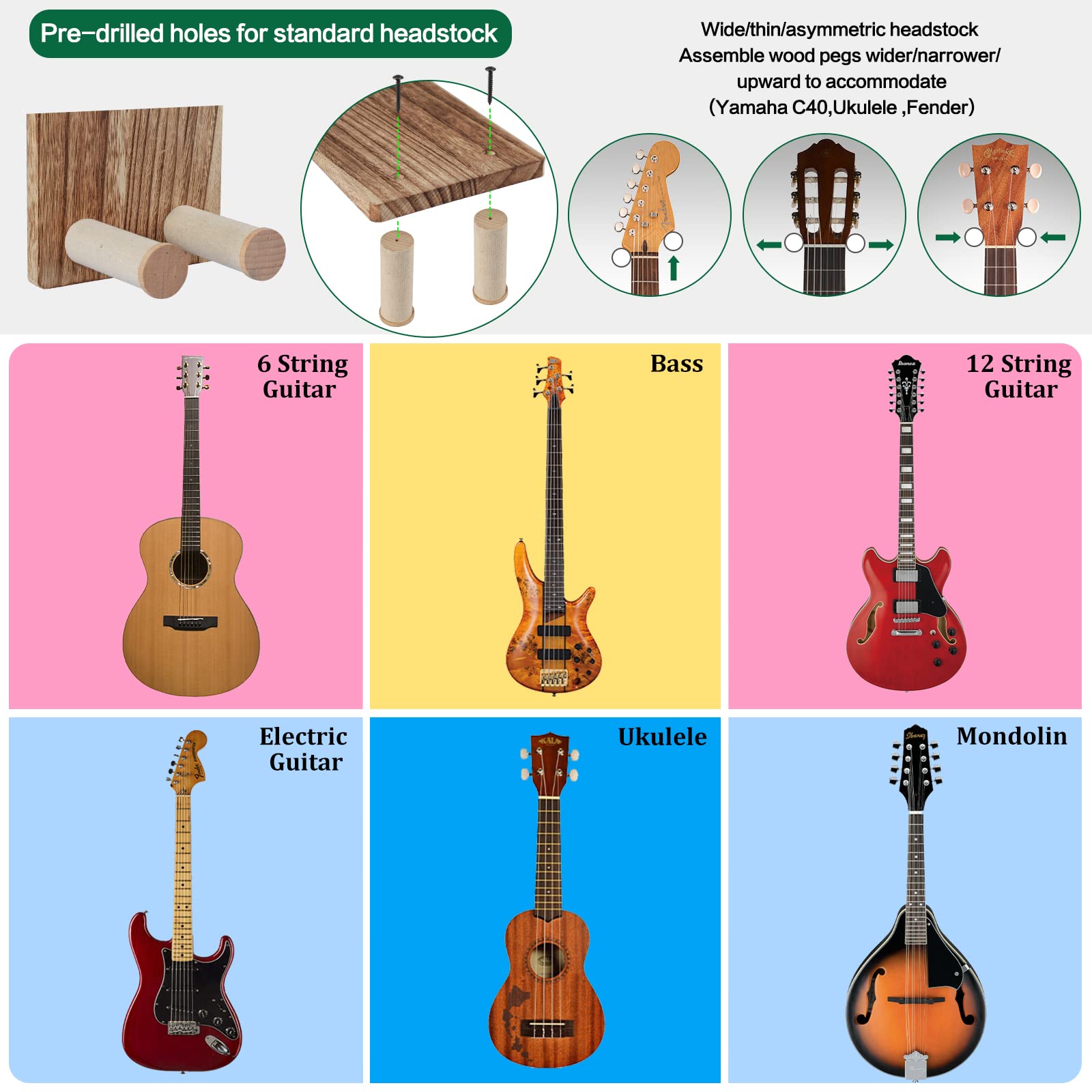 Keebofly Guitar Wall Mount,2 Pack Guitar Wall Hanger Holder Guitar Hanger Shelf with Pick Holder Wood Guitar Rack for Acoustic o