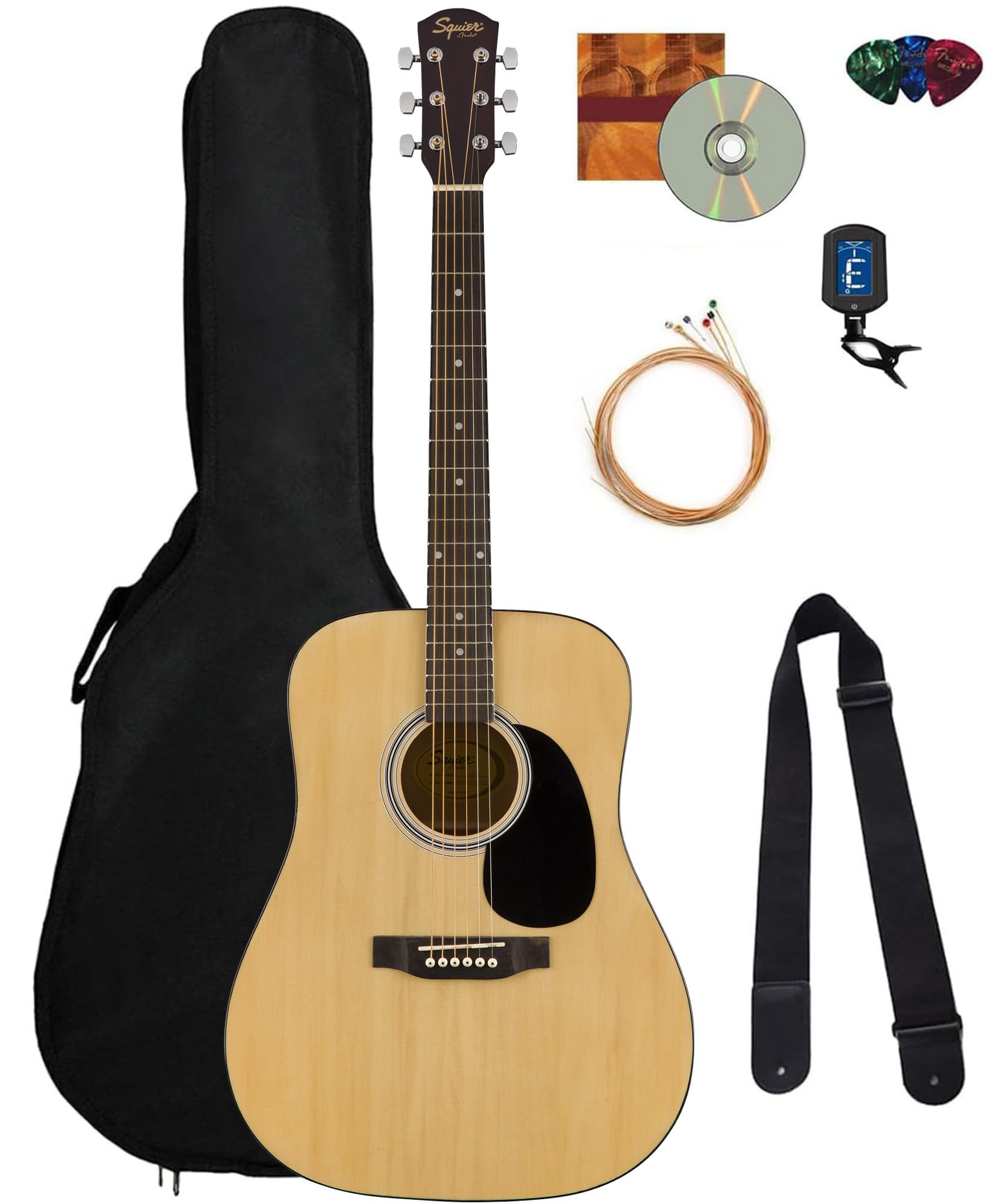 Fender Dreadnought Acoustic Guitar - Natural Bundle With Gig Bag, Strap, Strings, Picks, Fender Play Online Lessons, And Austin