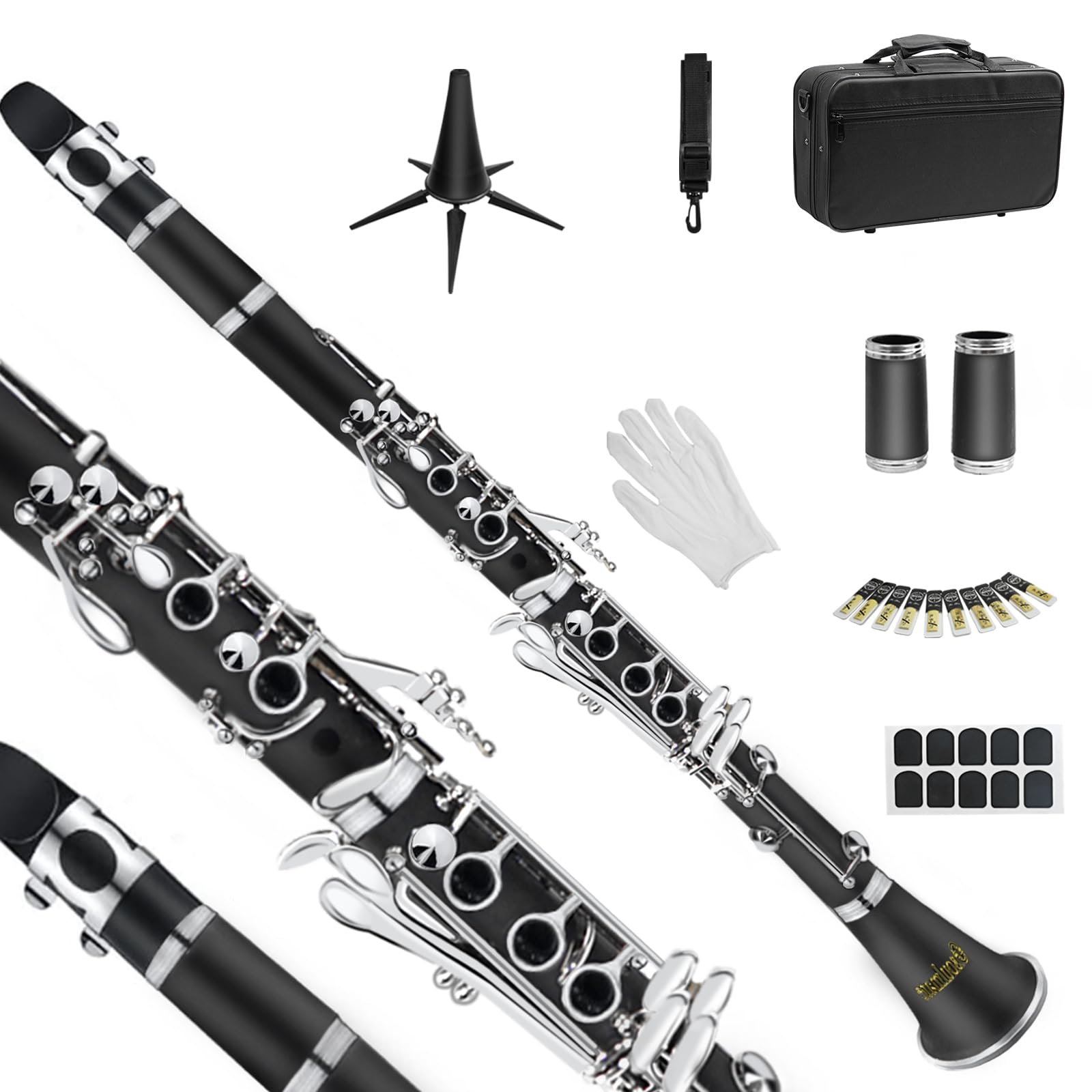 Soulmate Clarinet for Beginner Student Adults 17 Keys Bb Clarinet Set with 2 Barrels Hard Case 10 Reeds and Cleaning Kit, Profes